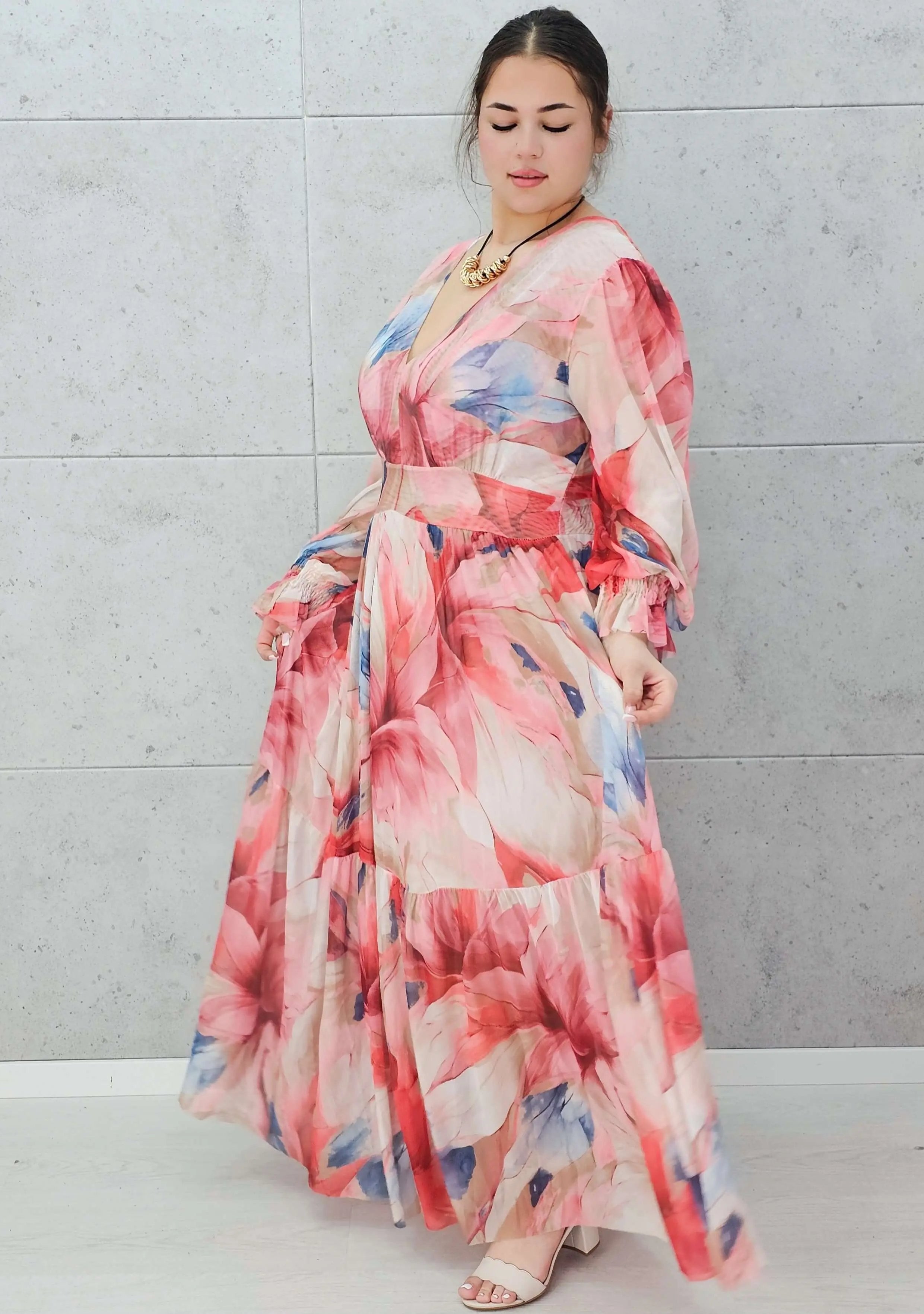 Zwiewna siateczkowa sukienka maxi w kwiaty. Stylowa XL