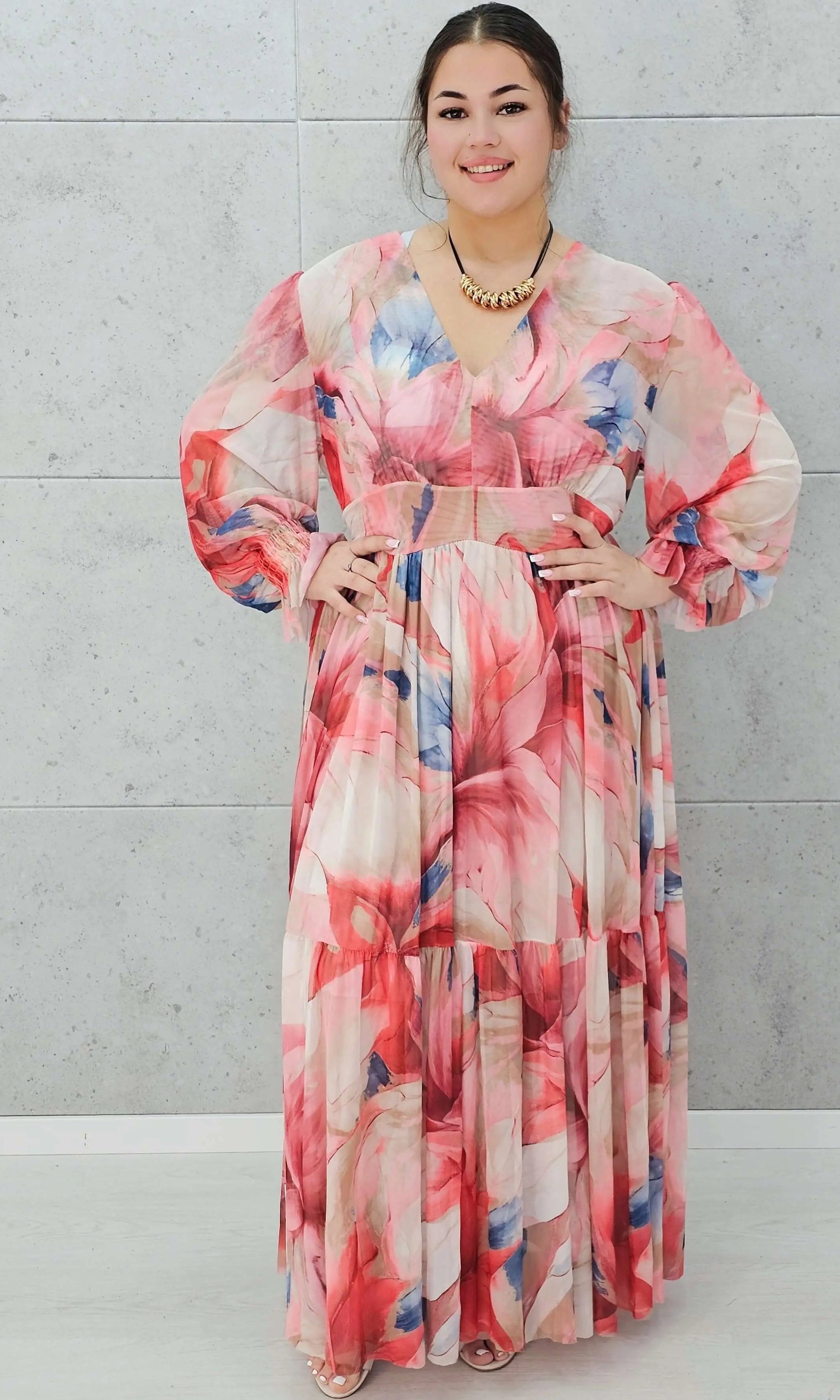 Zwiewna siateczkowa sukienka maxi w kwiaty. Stylowa XL