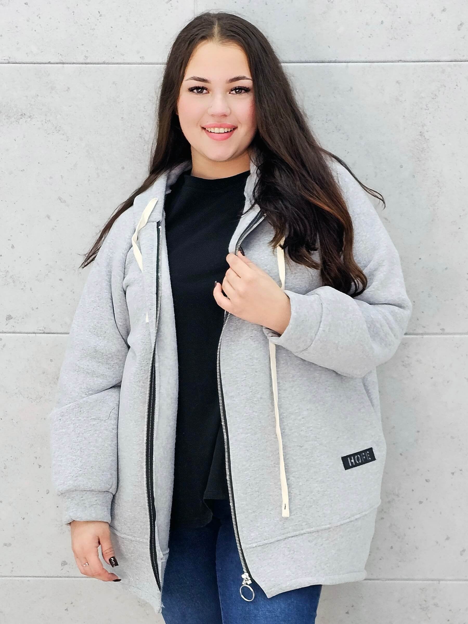 bluza z kapturem szara plus size – przód rozpięty