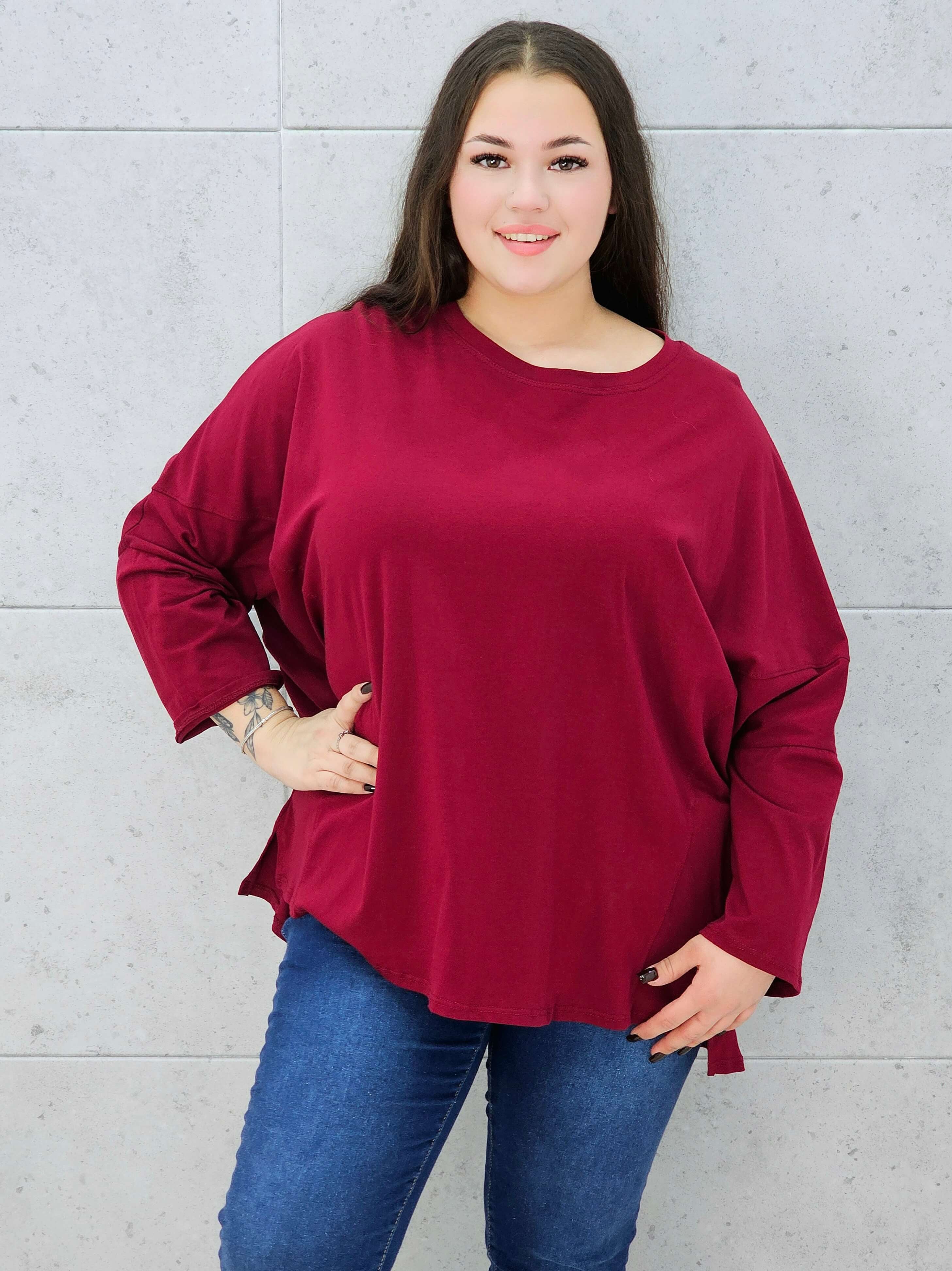 bluzka basic oversize bordowa plus size – przodem
