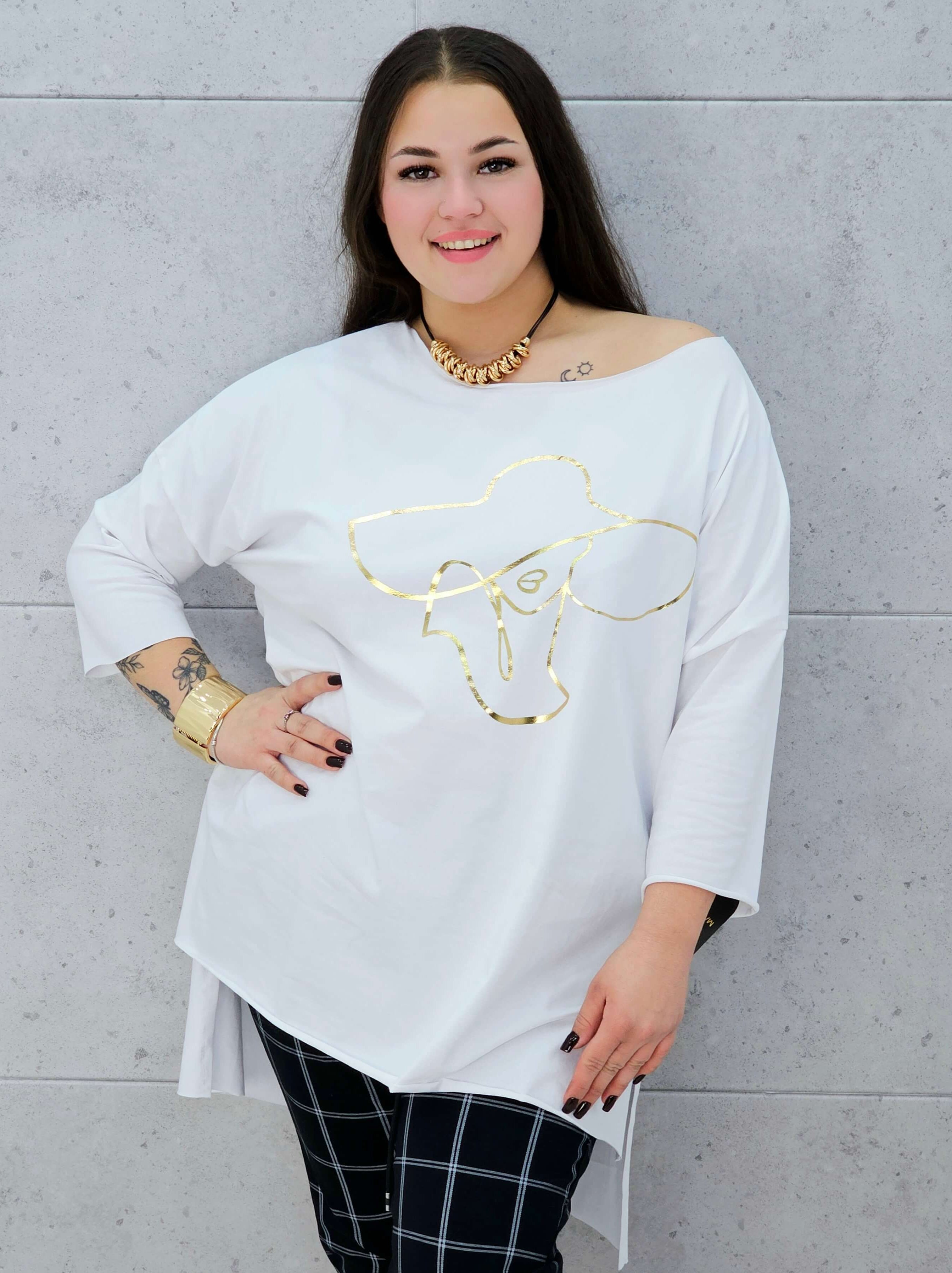 biała bluzka plus size Stylowa XL ze złotym nadrukiem kobiety w kapeluszu –dekolt na okrągło