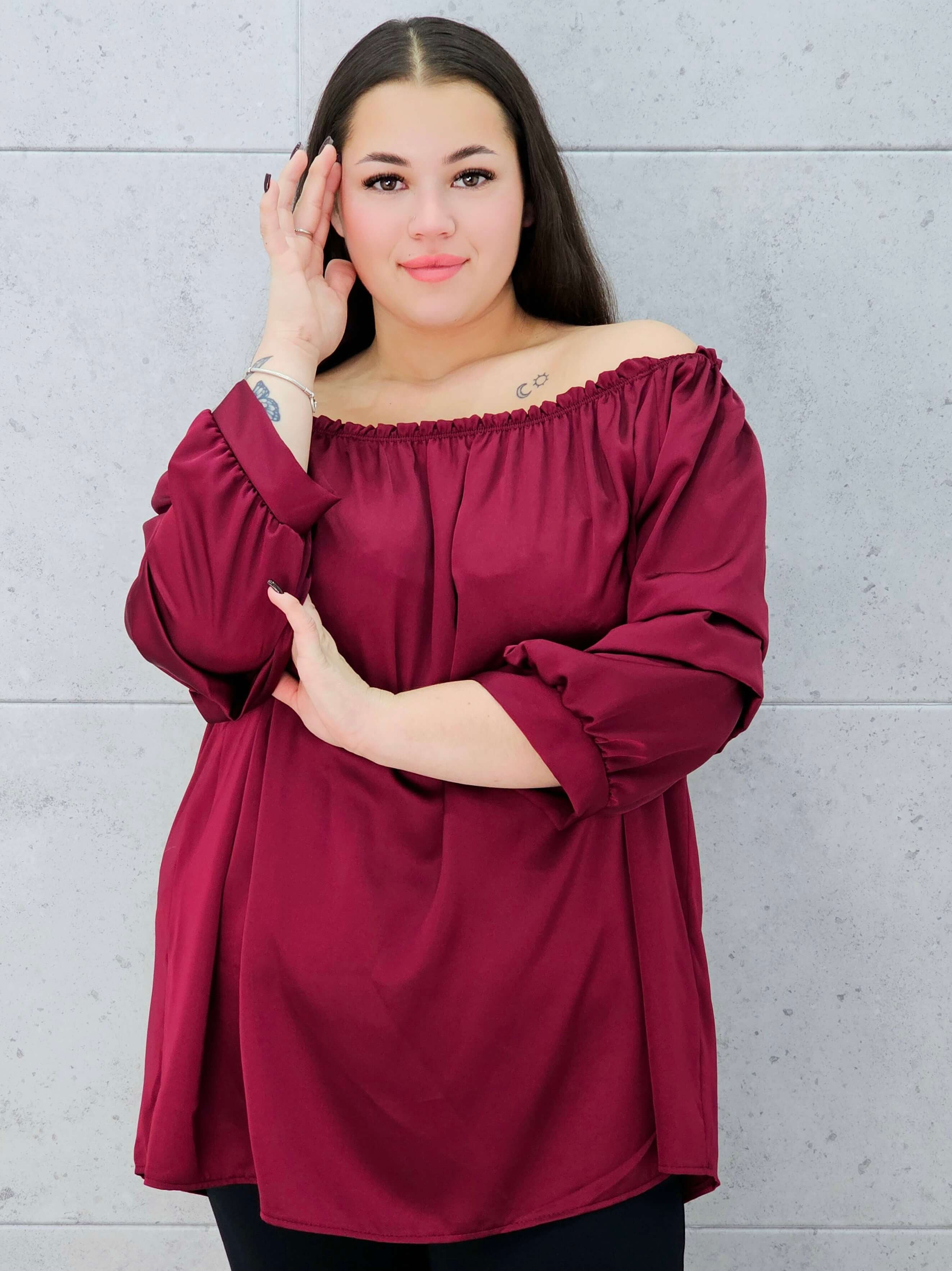 bordowa bluzka hiszpanka XXL – marszczony rękaw