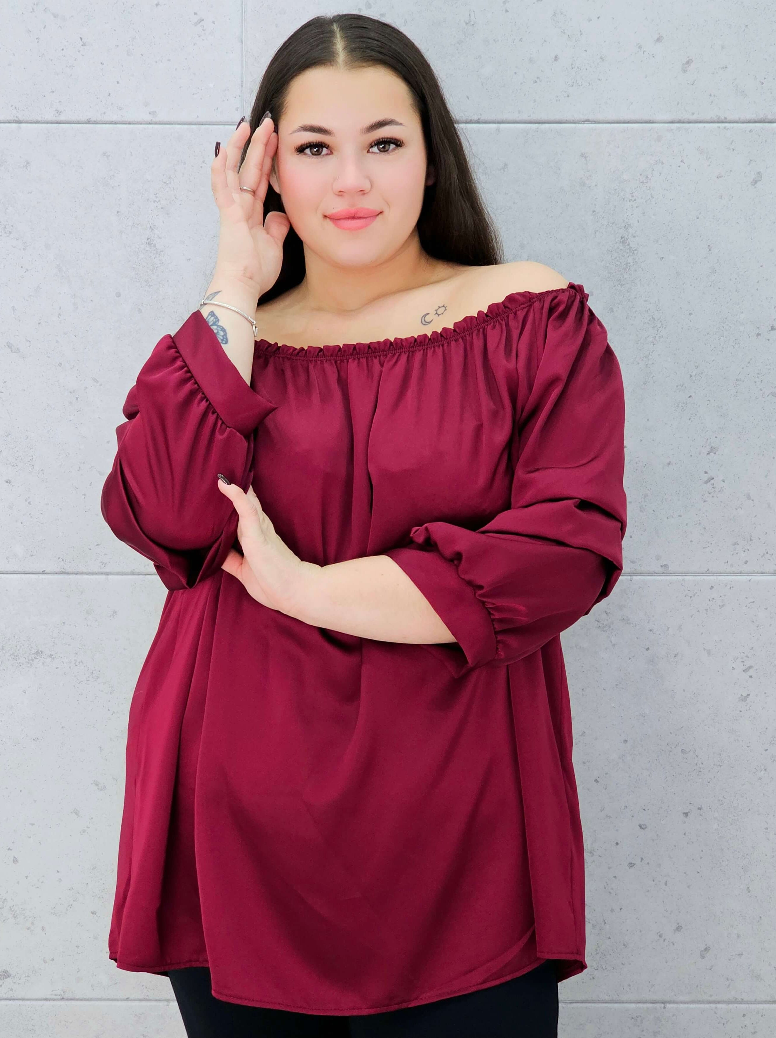 bordowa bluzka hiszpanka XXL – marszczony rękaw