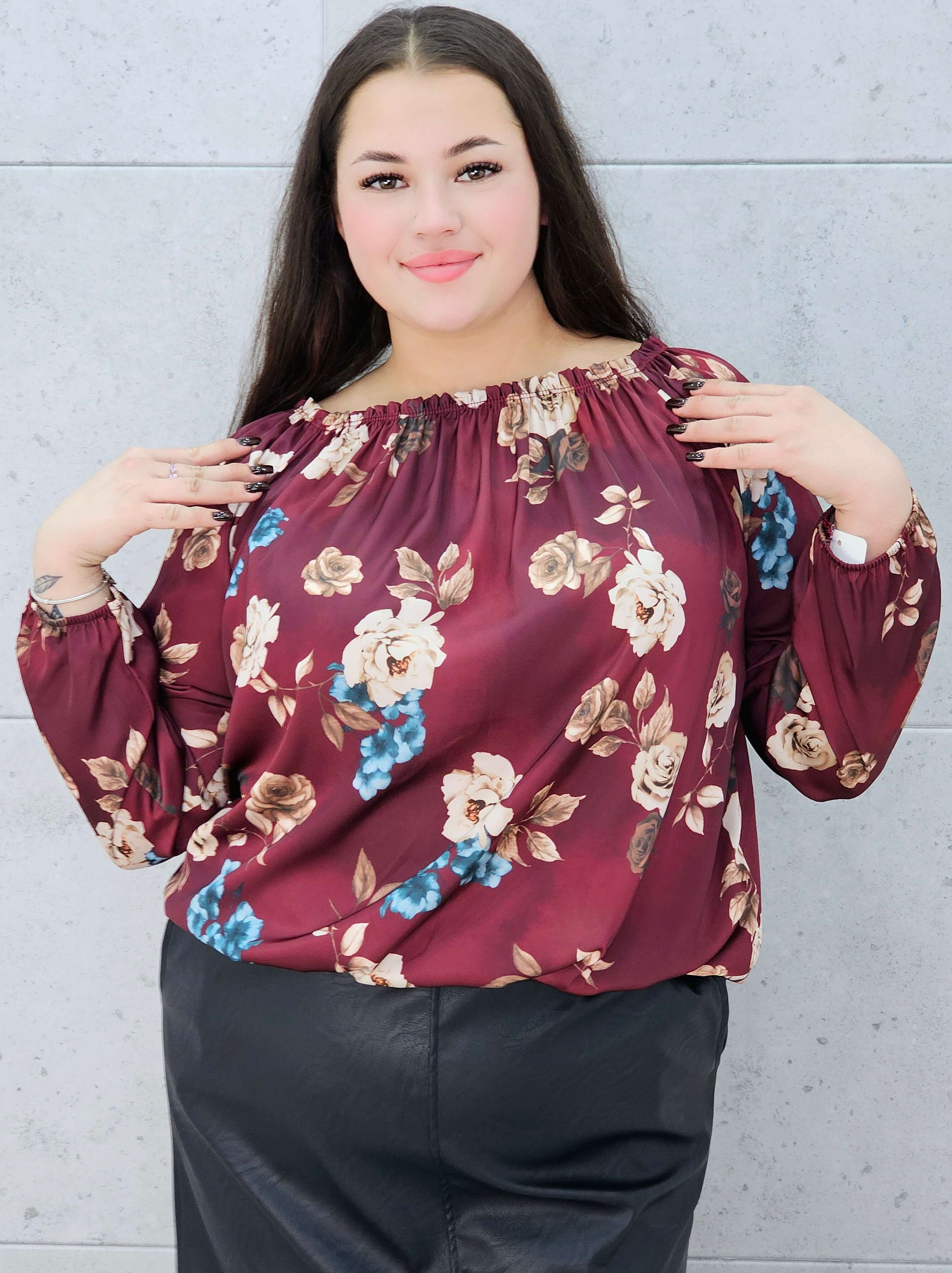 Bluzka hiszpanka bordowa z kwiatowym wzorem – Stylowa XL