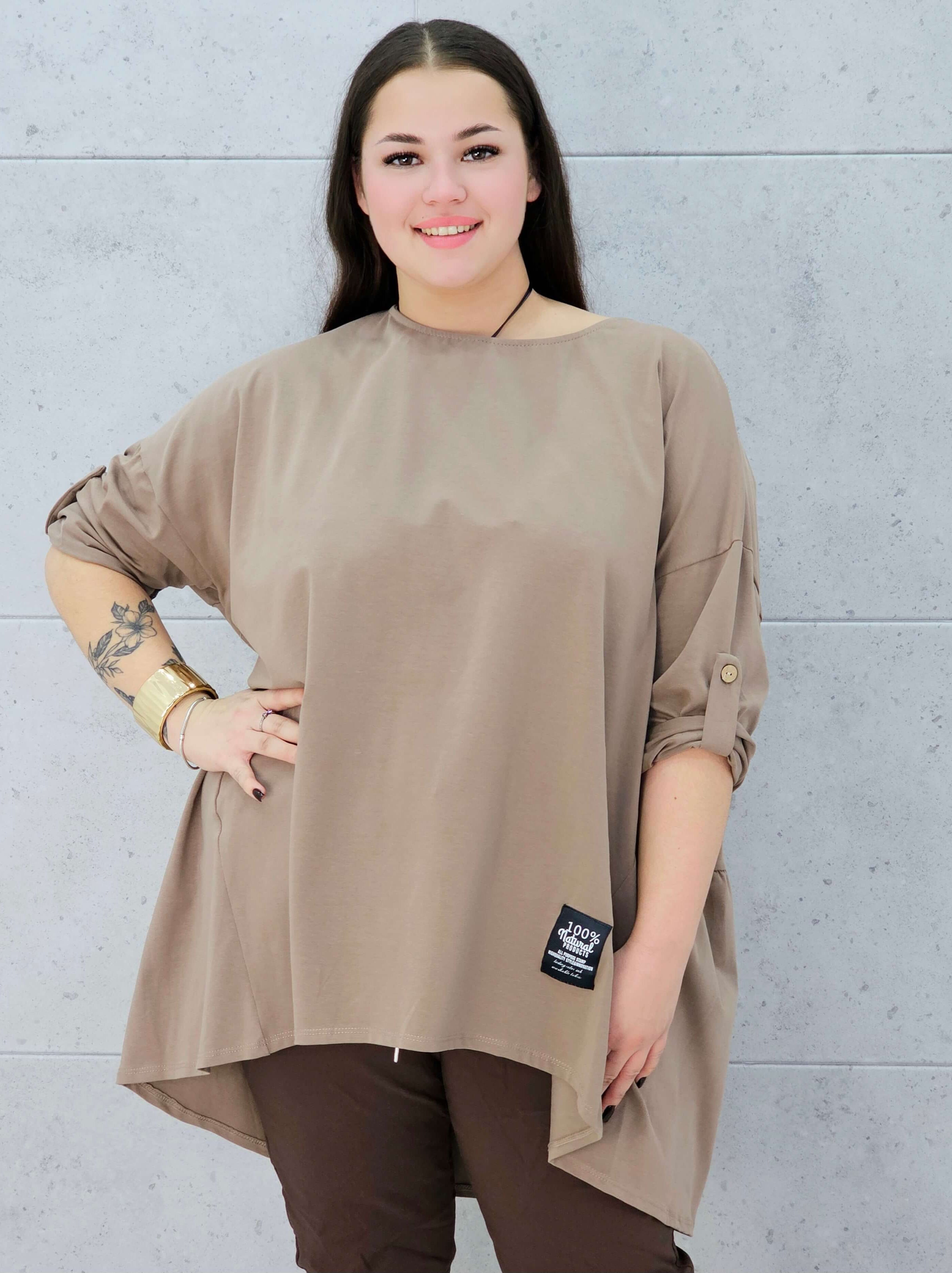 bluzka oversize beżowa plus size Stylowa XL – rękaw podpinany