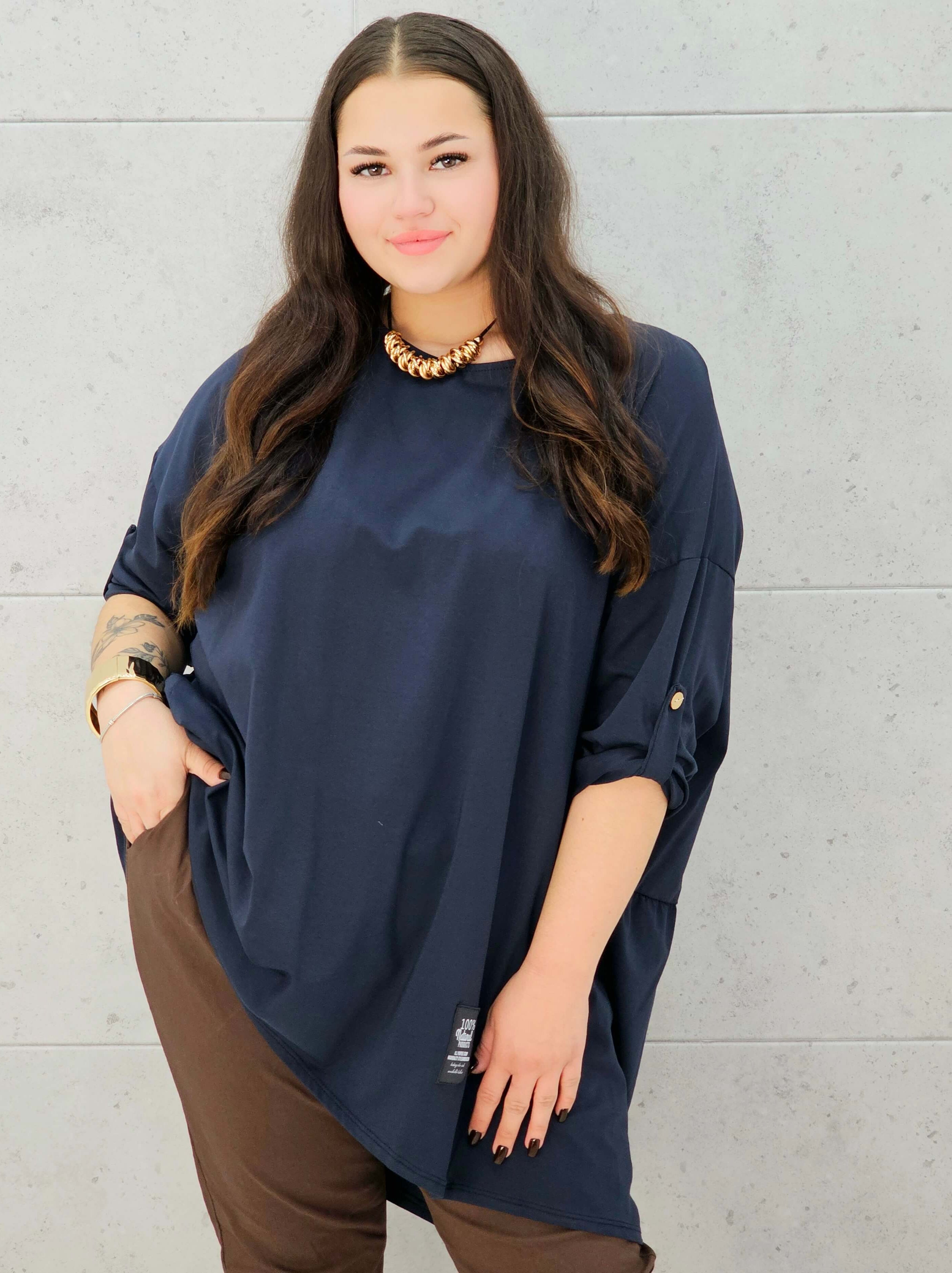 bluzka oversize granatowa plus size Stylowa XL – podpinany rękaw