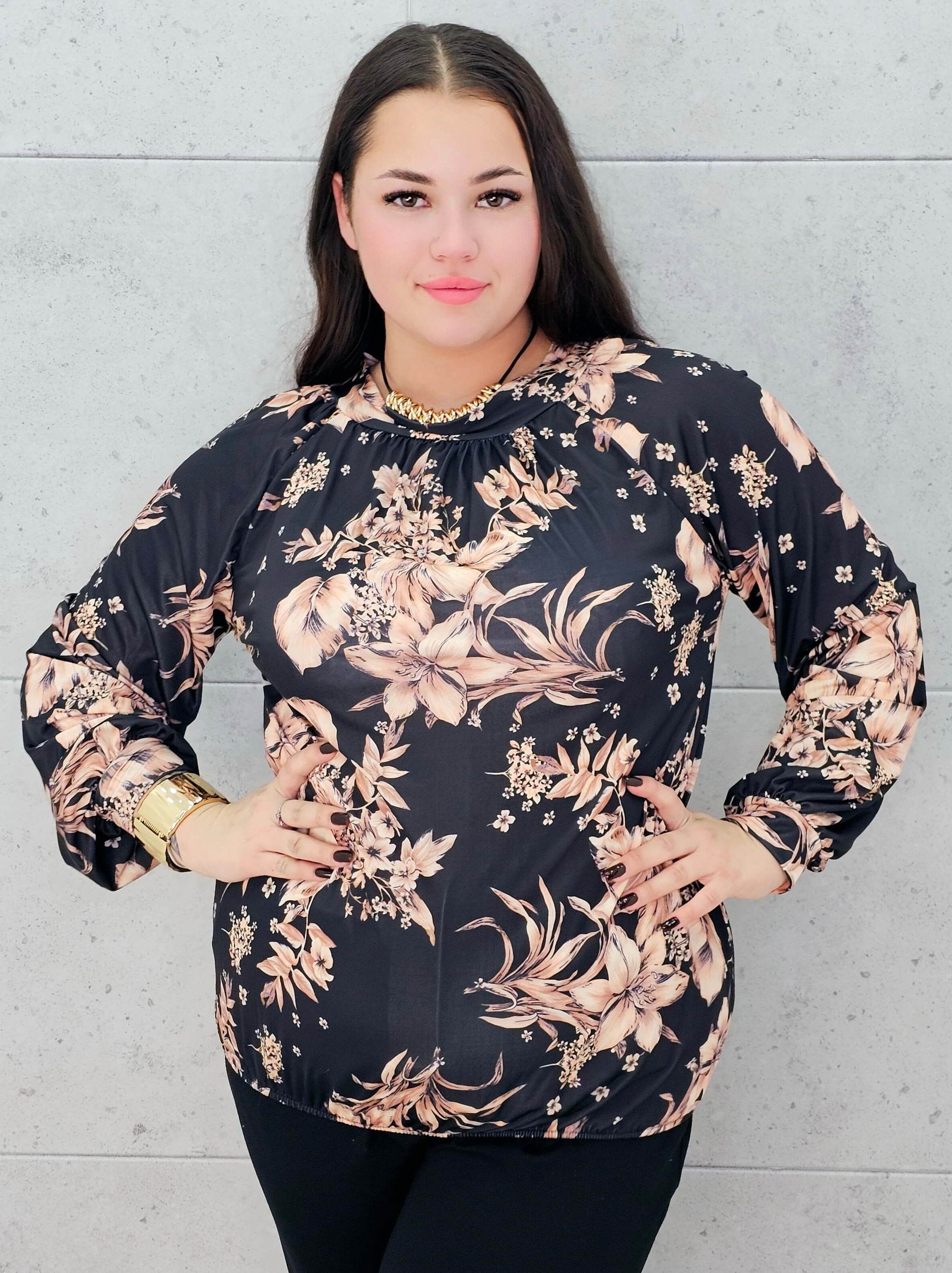 bluzka w kwiaty beżowo-czarna plus size Stylowa XL – kwiaty