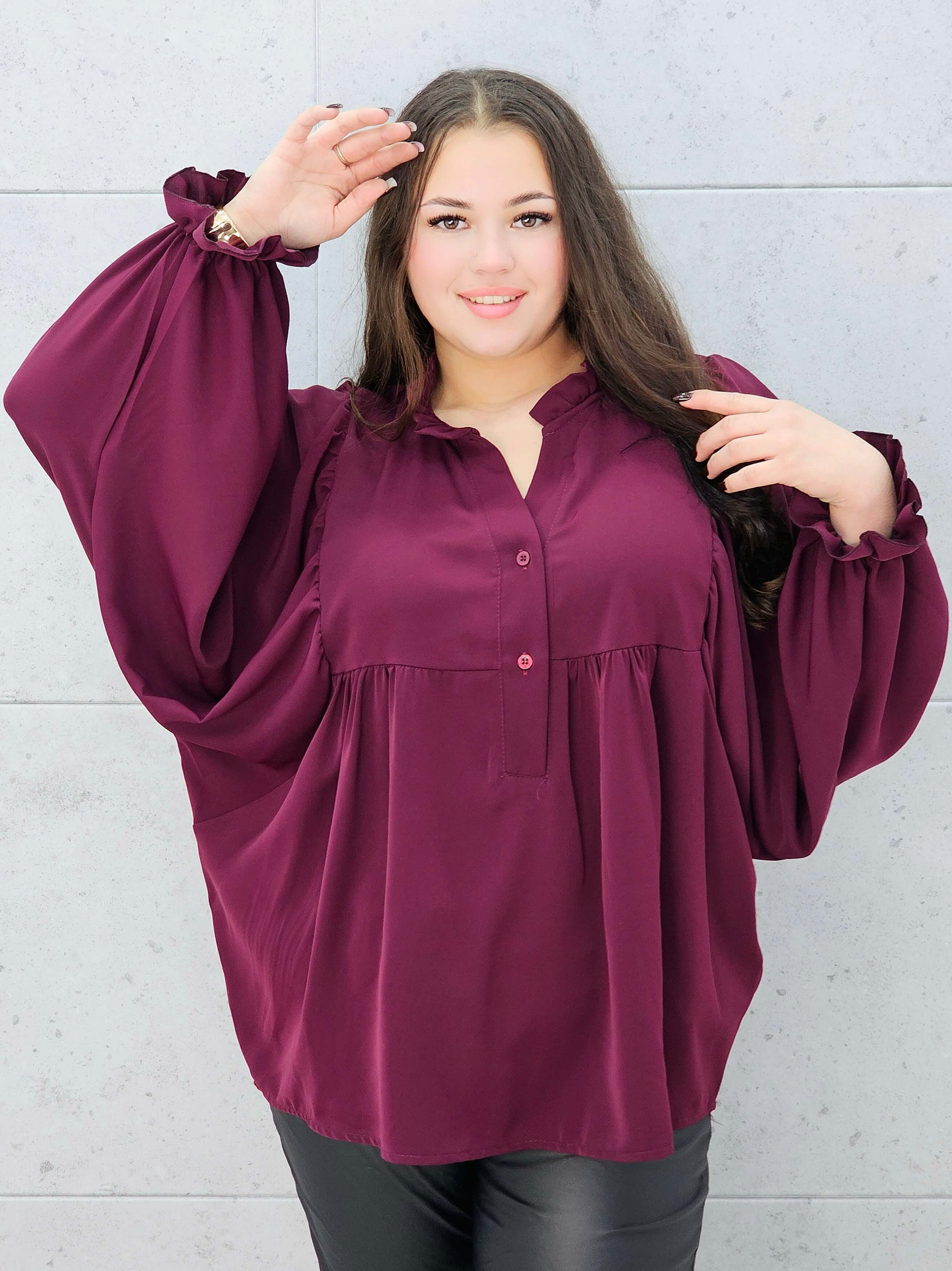 bluzka z bufiastymi rękawami śliwkowa plus size – przód