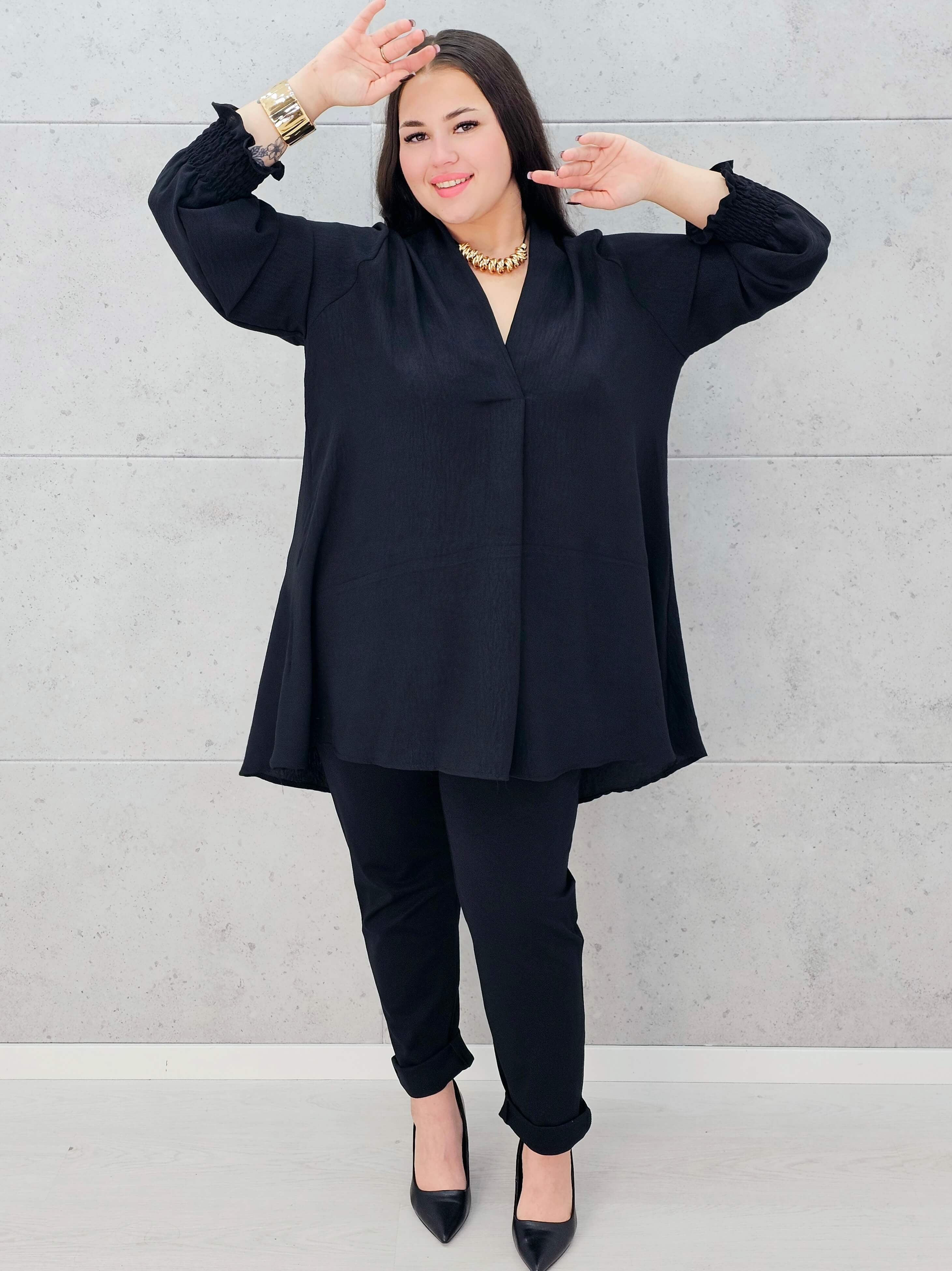 czarna bluzka z dekoltem v plus size Stylowa XL – długa