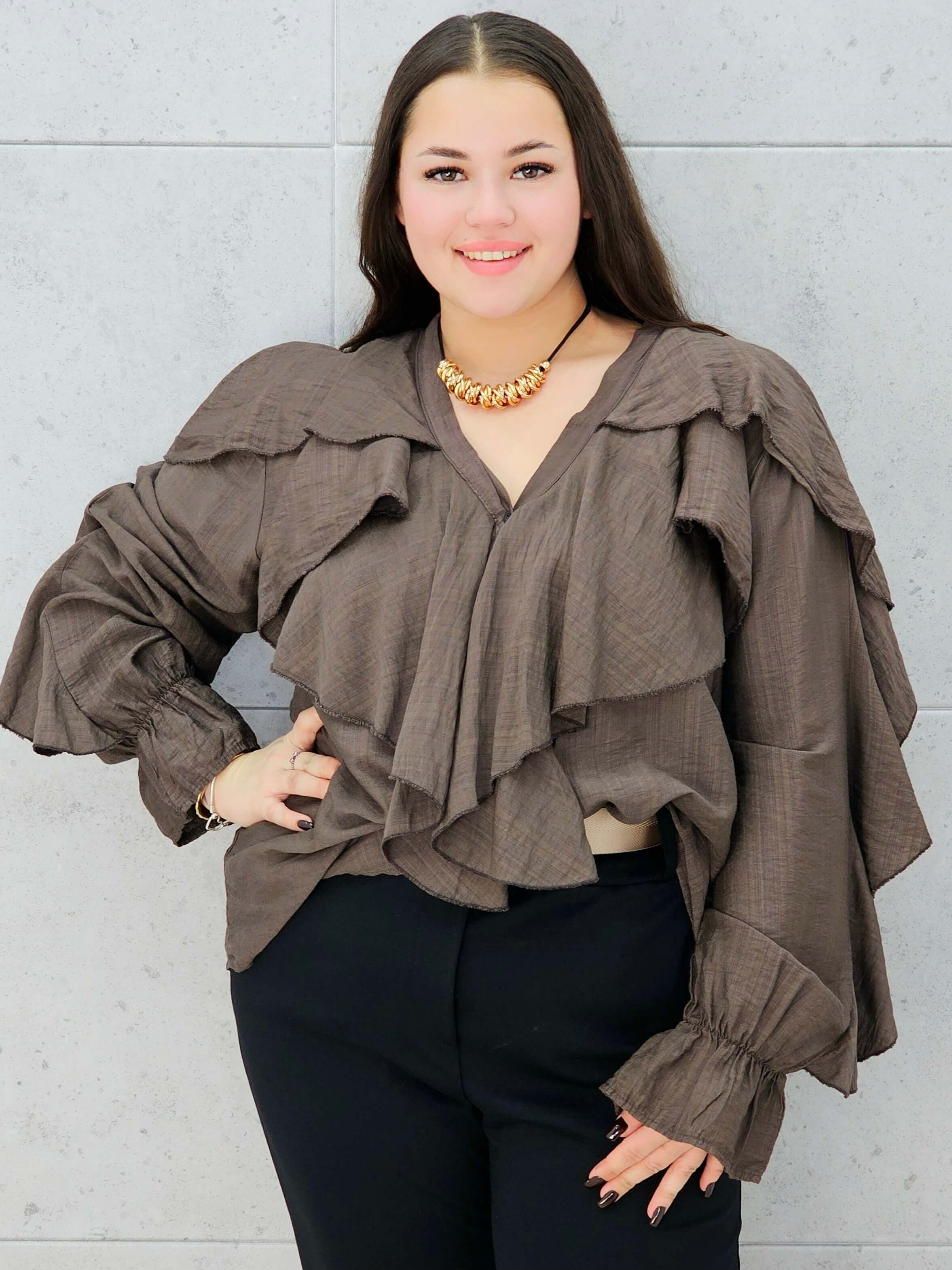 brązowa bluzka z falbanami plus size Stylowa XL – rękaw