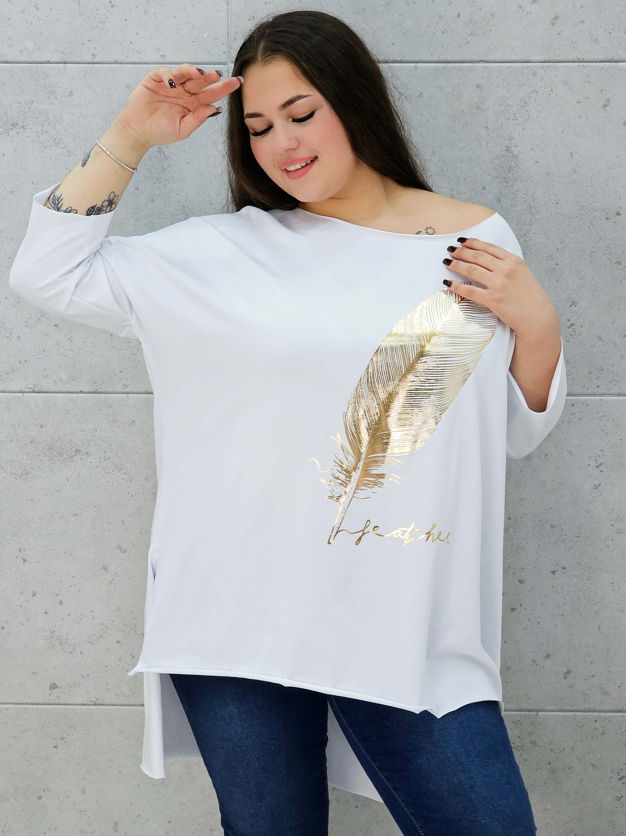 bluzka ze złotym piórem biała plus size – przód