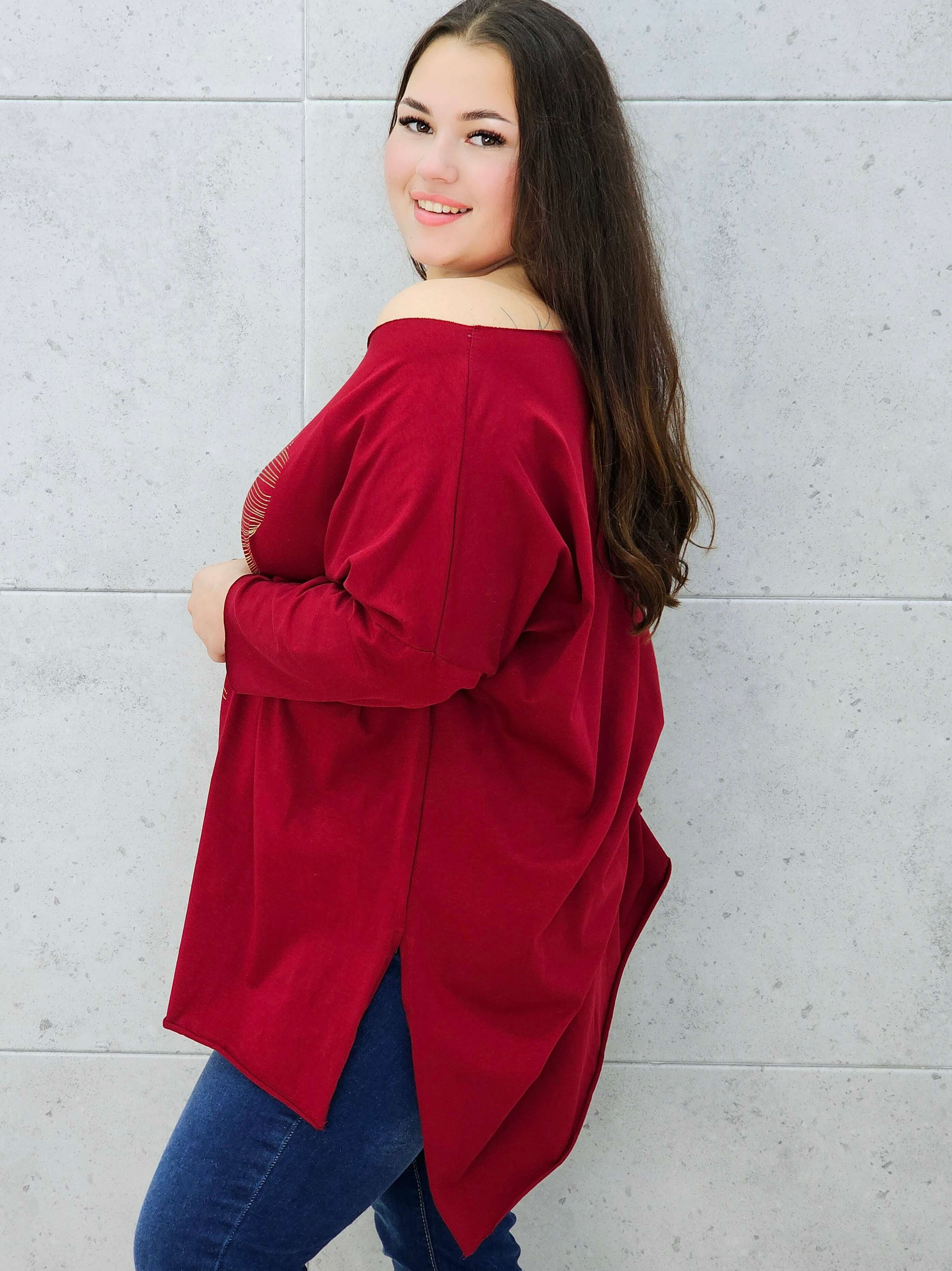 bluzka ze złotym piórem bordo  plus size – bok