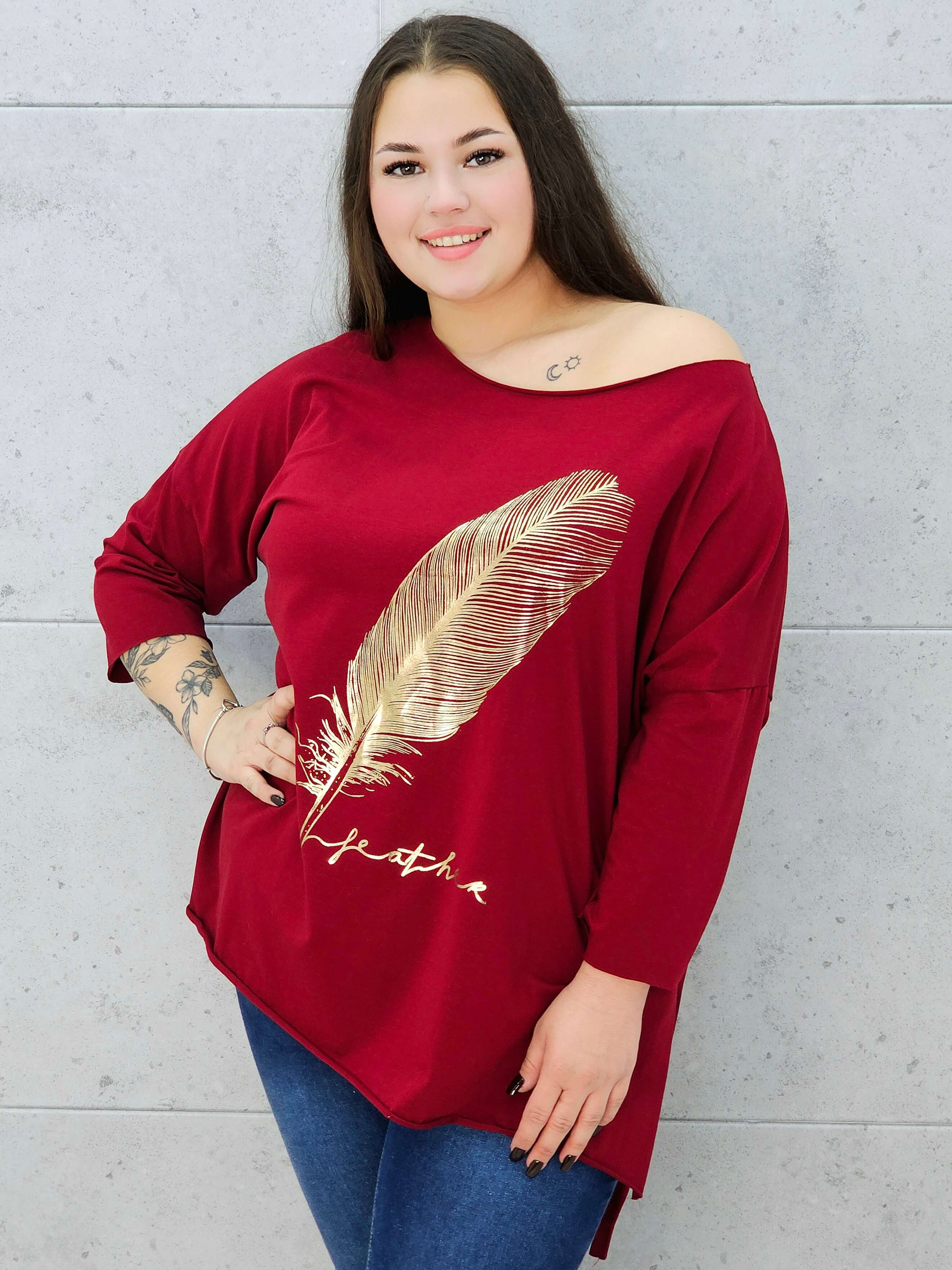 bluzka ze złotym piórem bordo  plus size detale