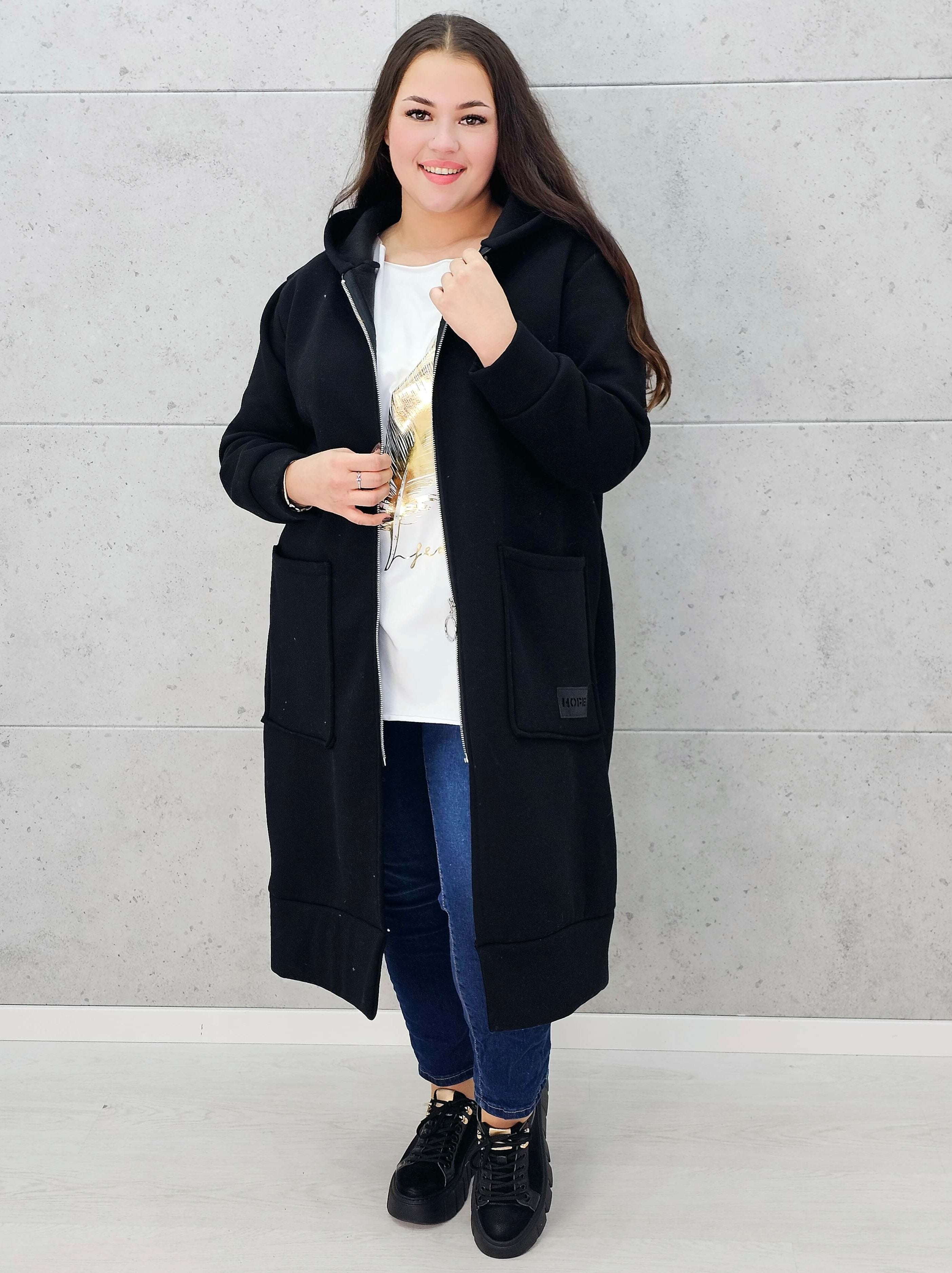 bluza plus size czarna z zamkiem i kieszeniami –rozpięta