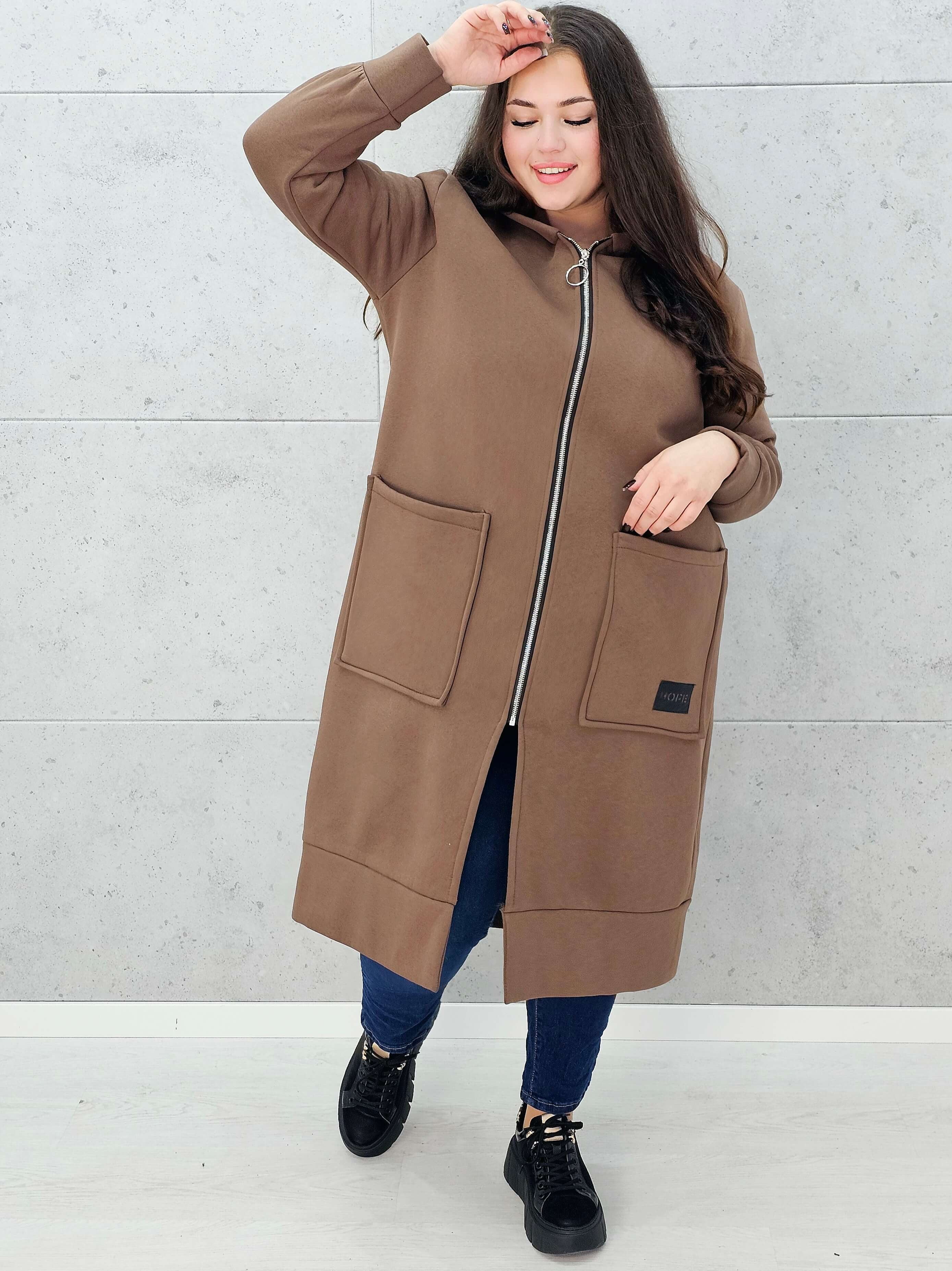 bluza plus size brąz z zamkiem i kieszeniami