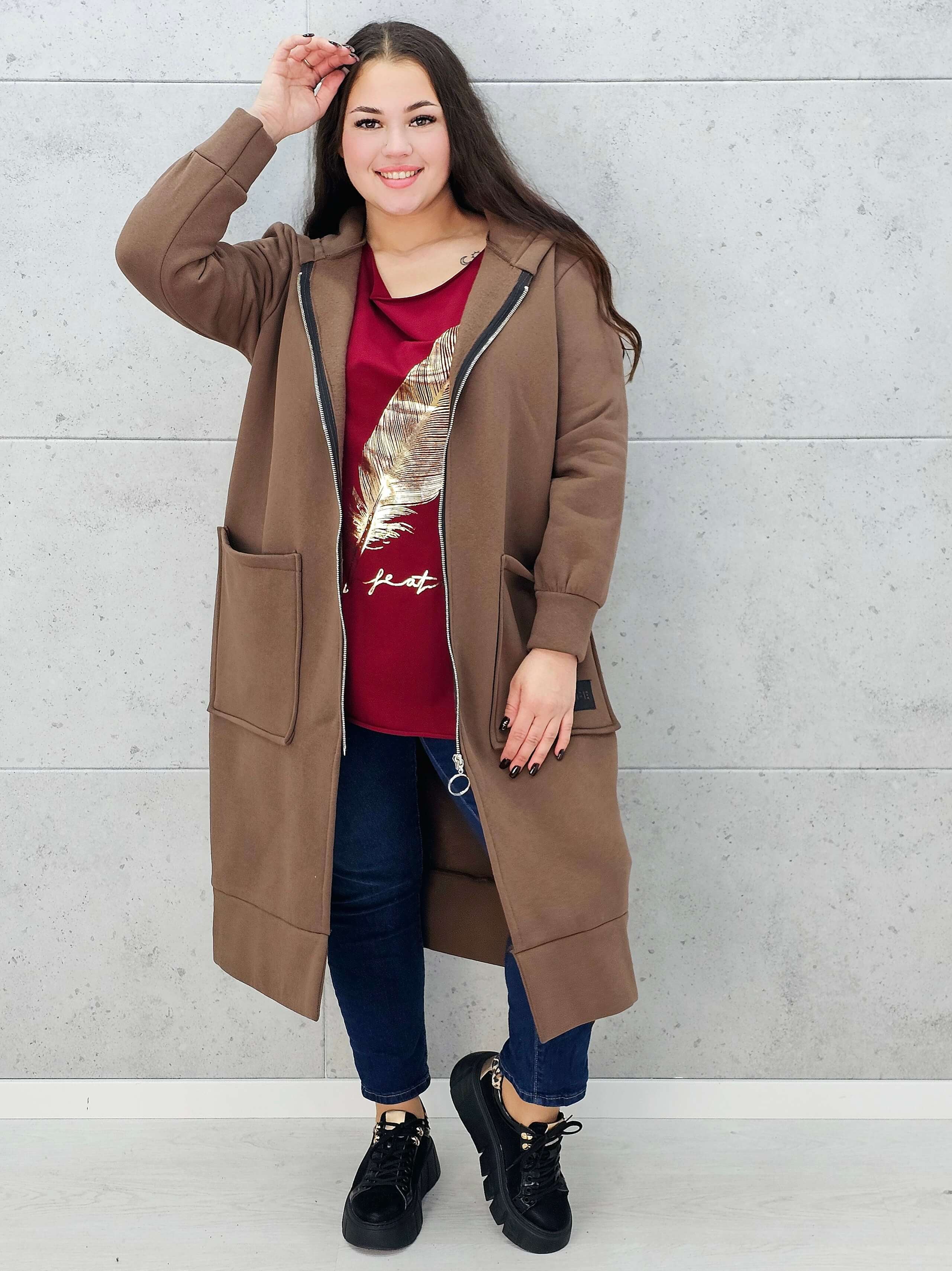 bluza plus size brąz z zamkiem i kieszeniami rozpięta