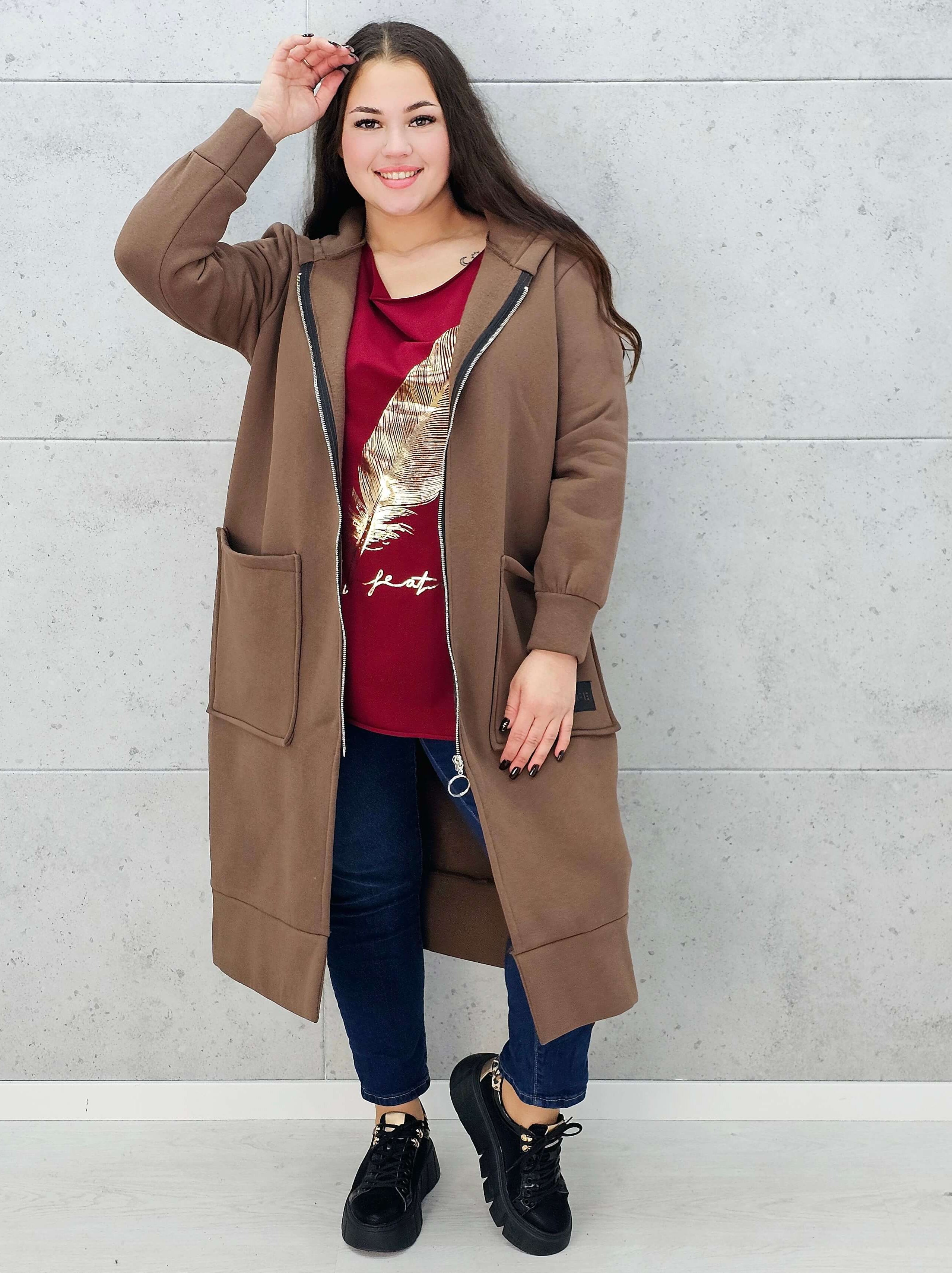 bluza plus size brąz z zamkiem i kieszeniami rozpięta