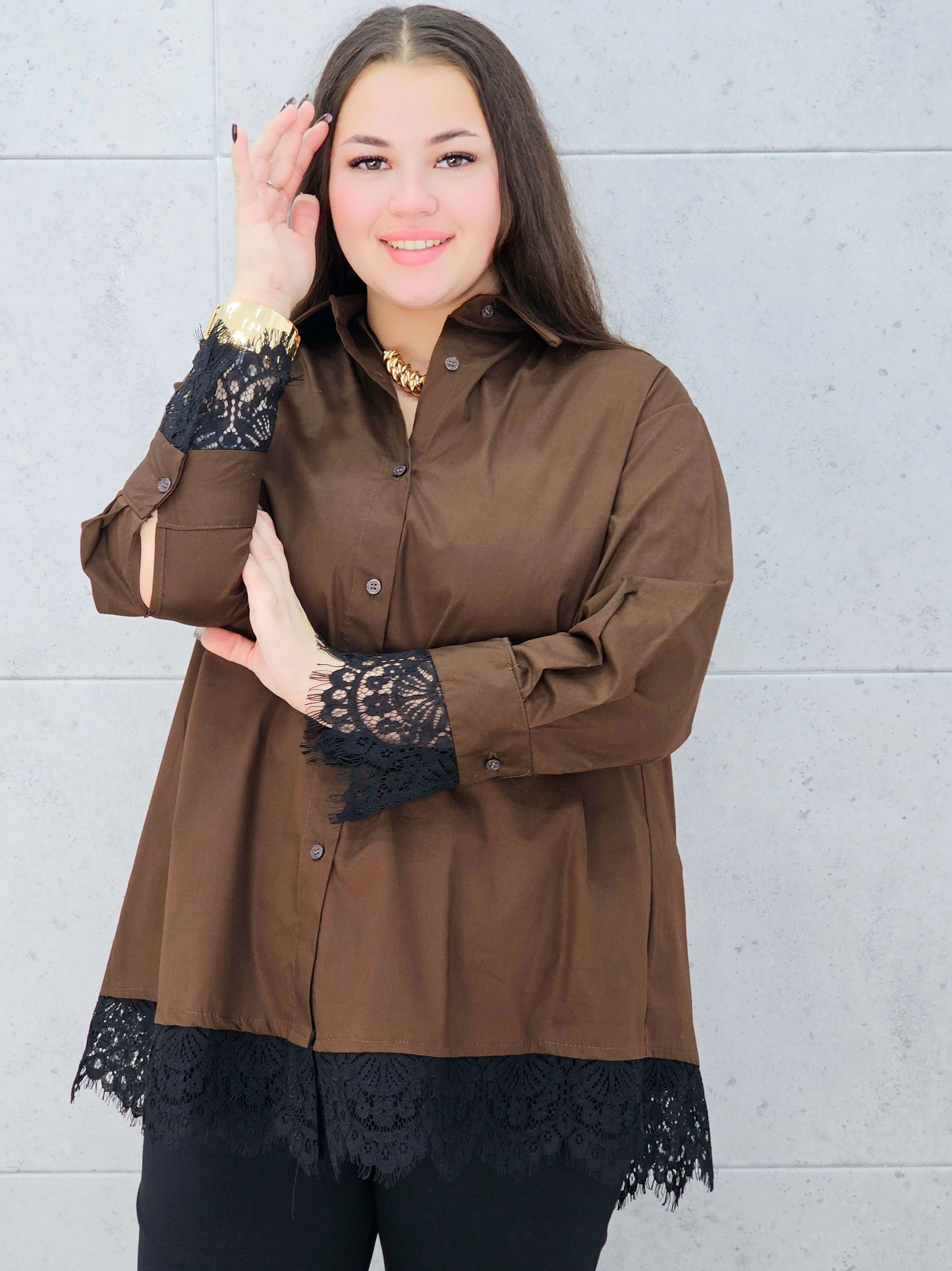 koszula z koronką brązowa plus size Stylowa XL – zapinana na guziki