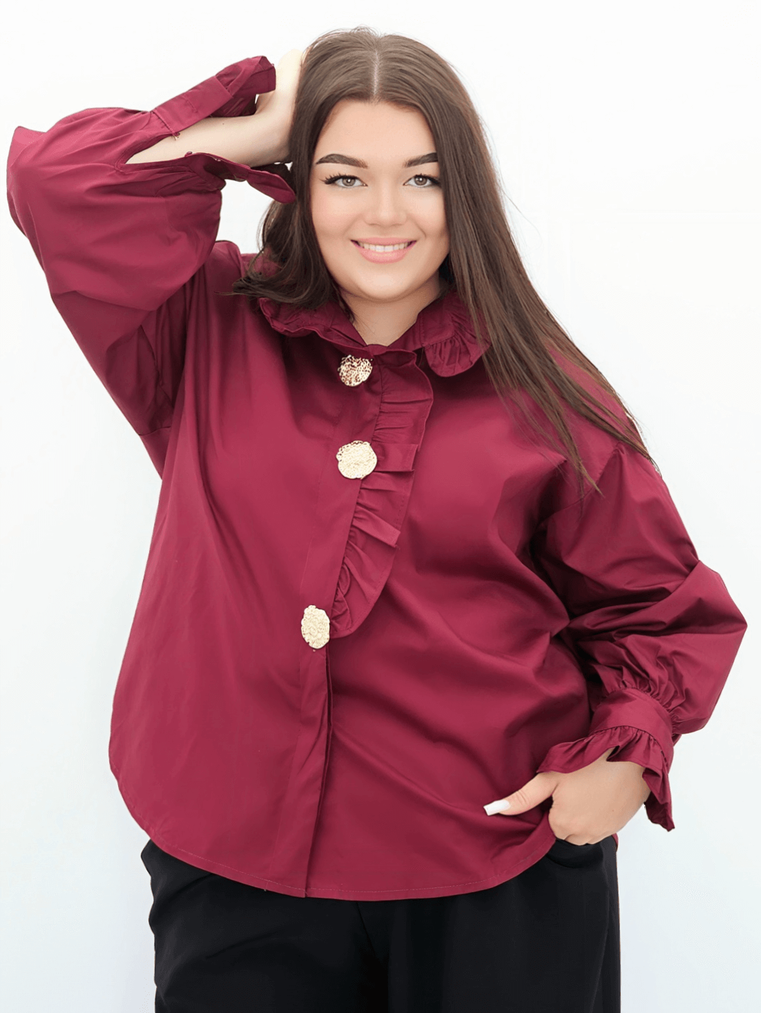 Elegancka koszula z falbanką i złotymi guzikami Stylowa XL