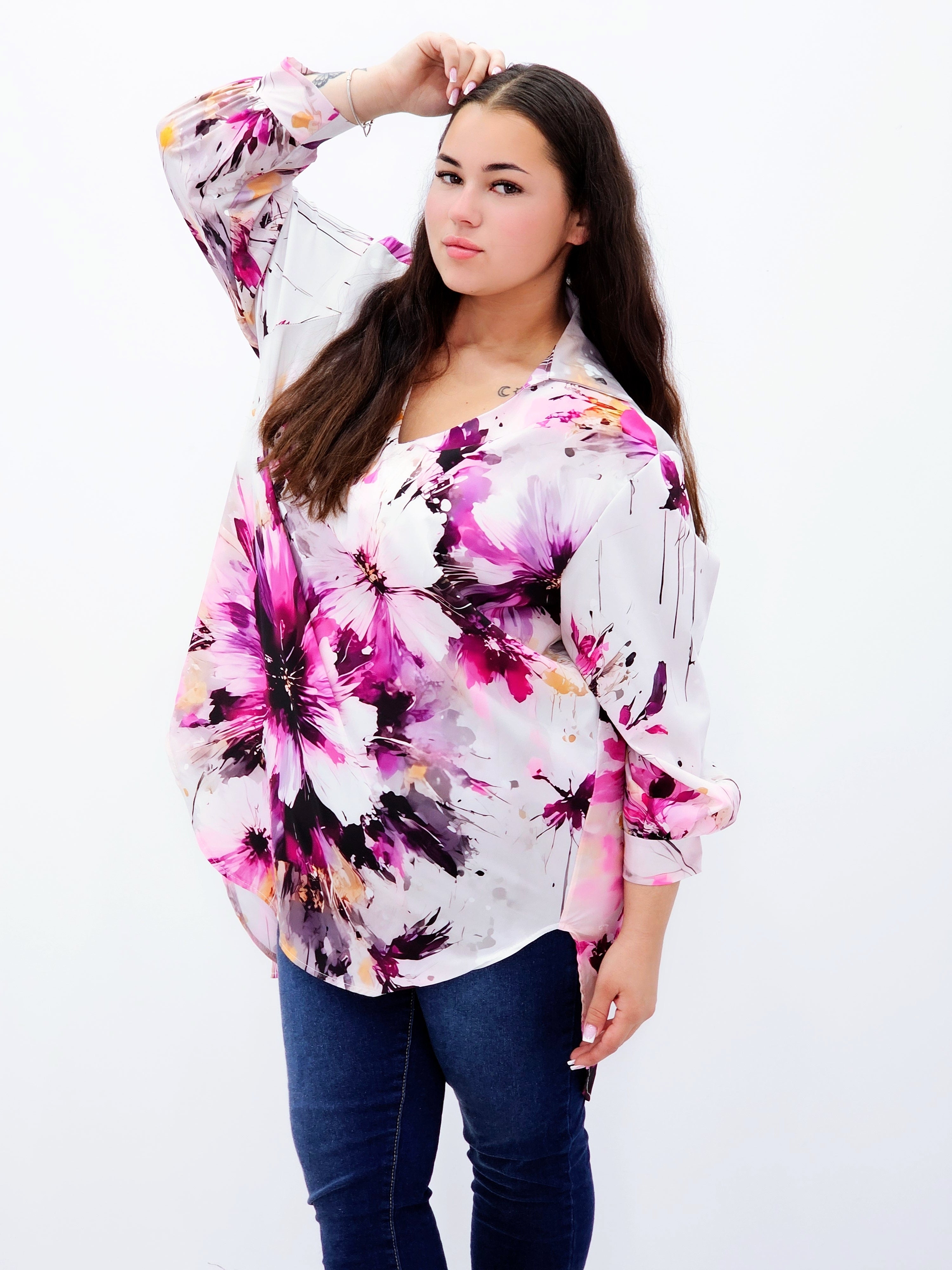 Bluzka szyfonowa oversize – modna bluzka z printem dla kobiet plus size Stylowa XL