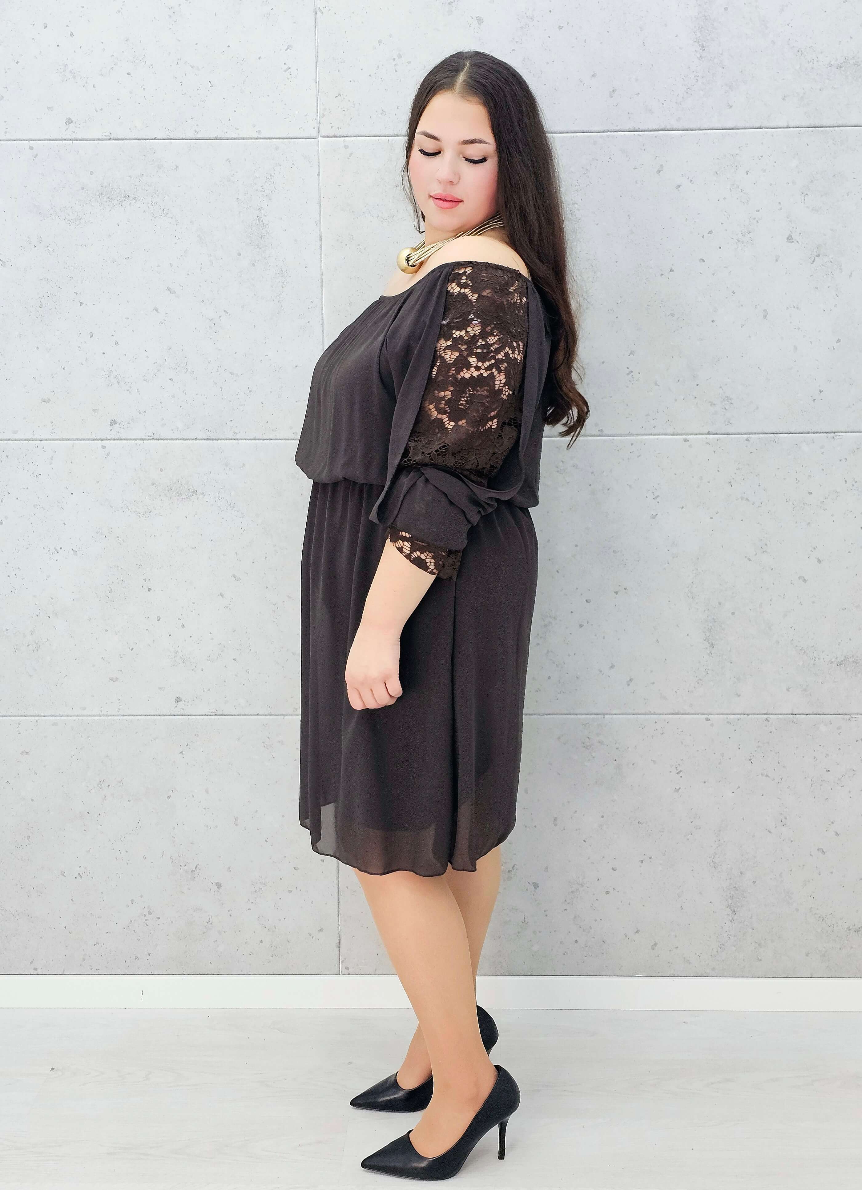 Brązowa sukienka hiszpanka midi z koronką – Stylowa XL rękaw