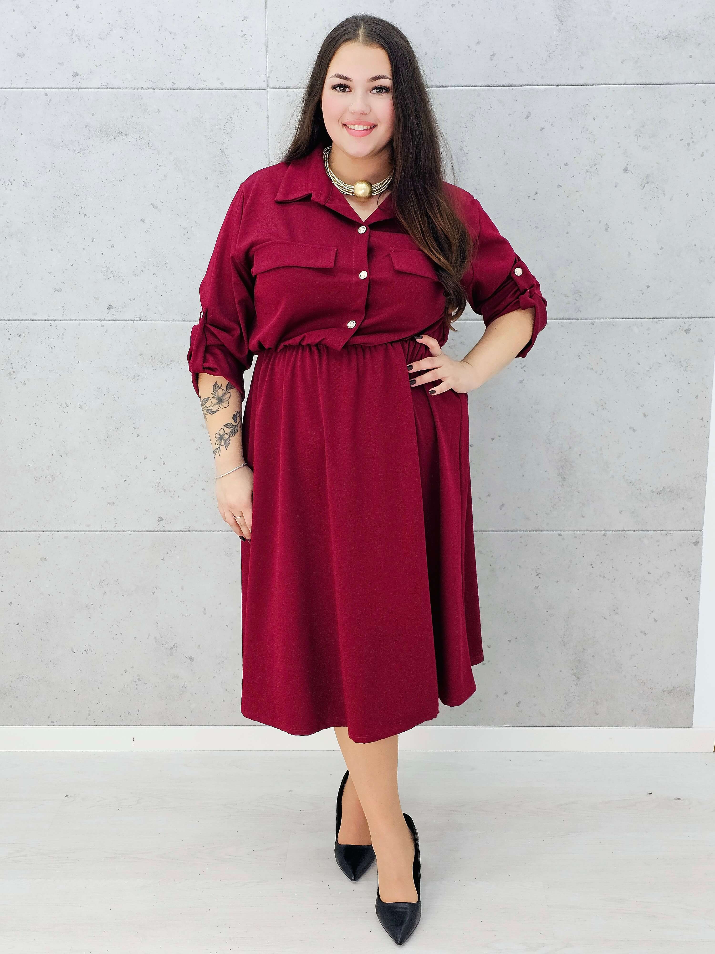 Elegancka bordowa sukienka koszulowa z długim rękawem – Stylowa XL