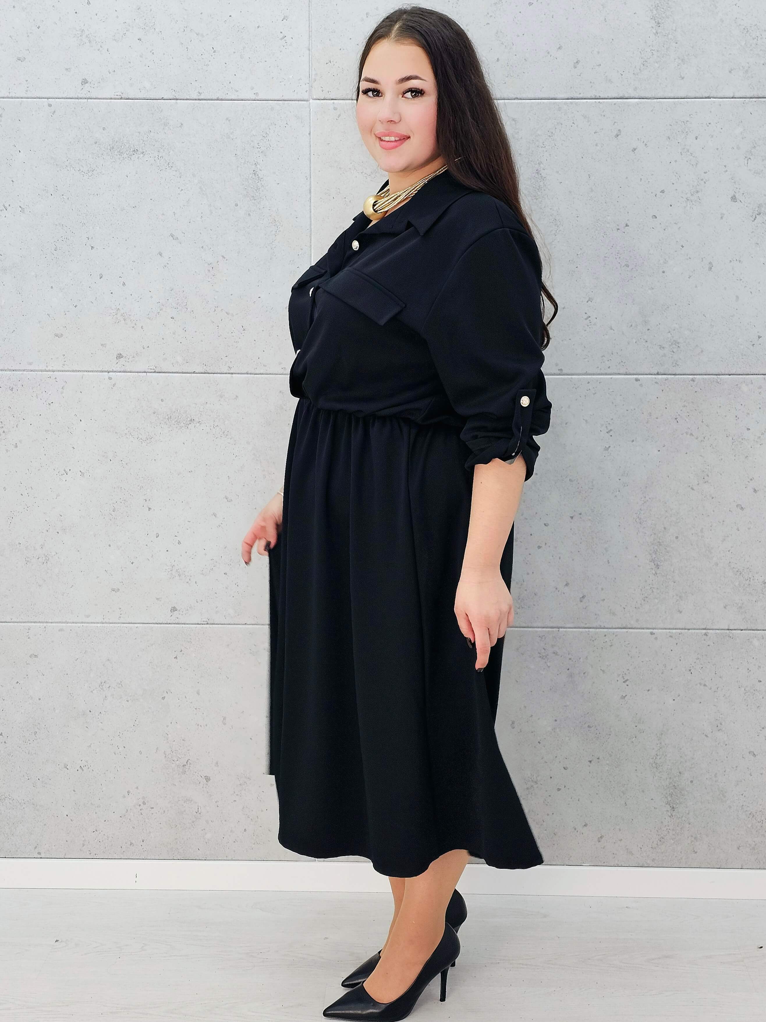 Sukienka koszulowa midi czarna plus size z kieszeniami – Stylowa XL