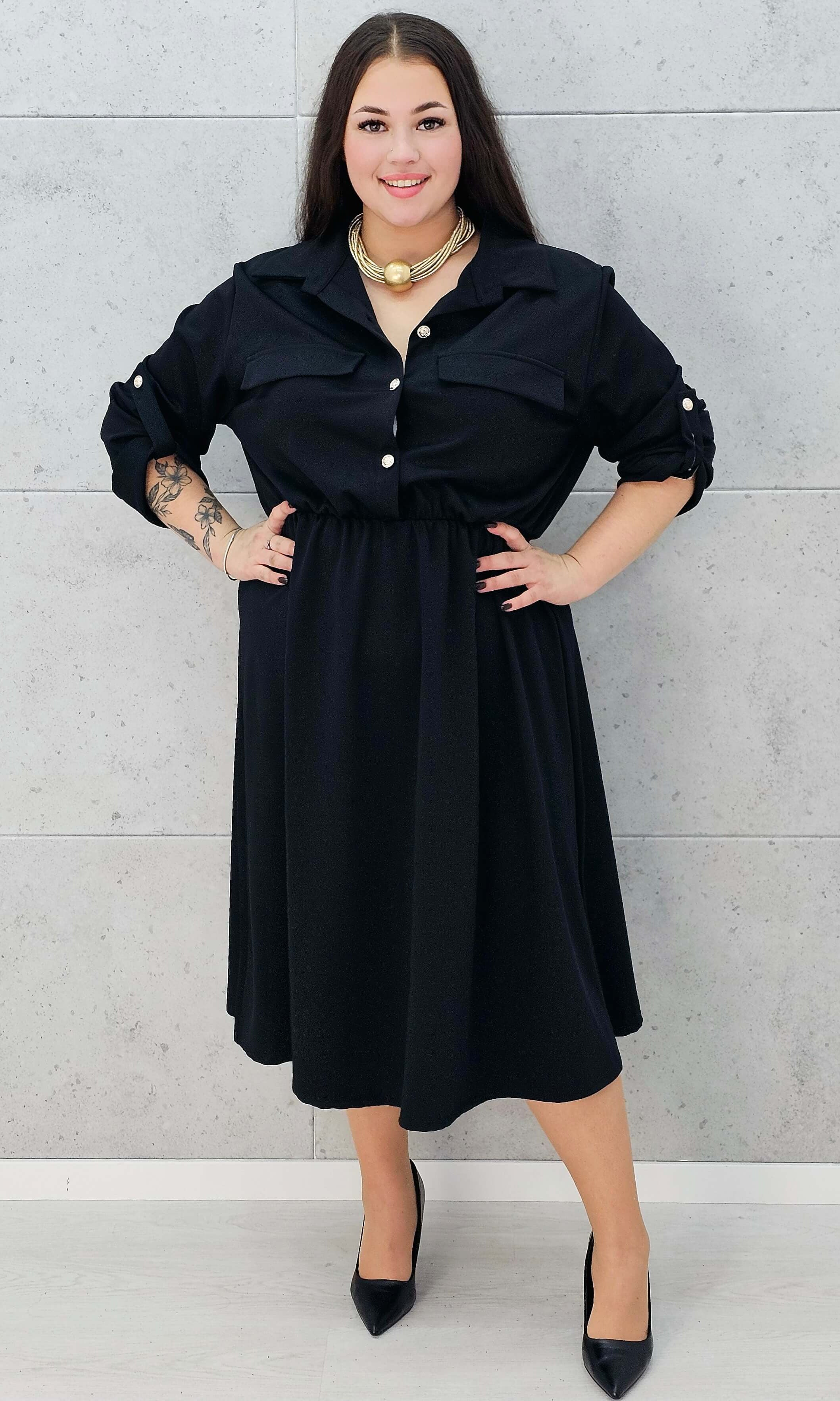 Sukienka koszulowa midi czarna plus size z kieszeniami – Stylowa XL w całości