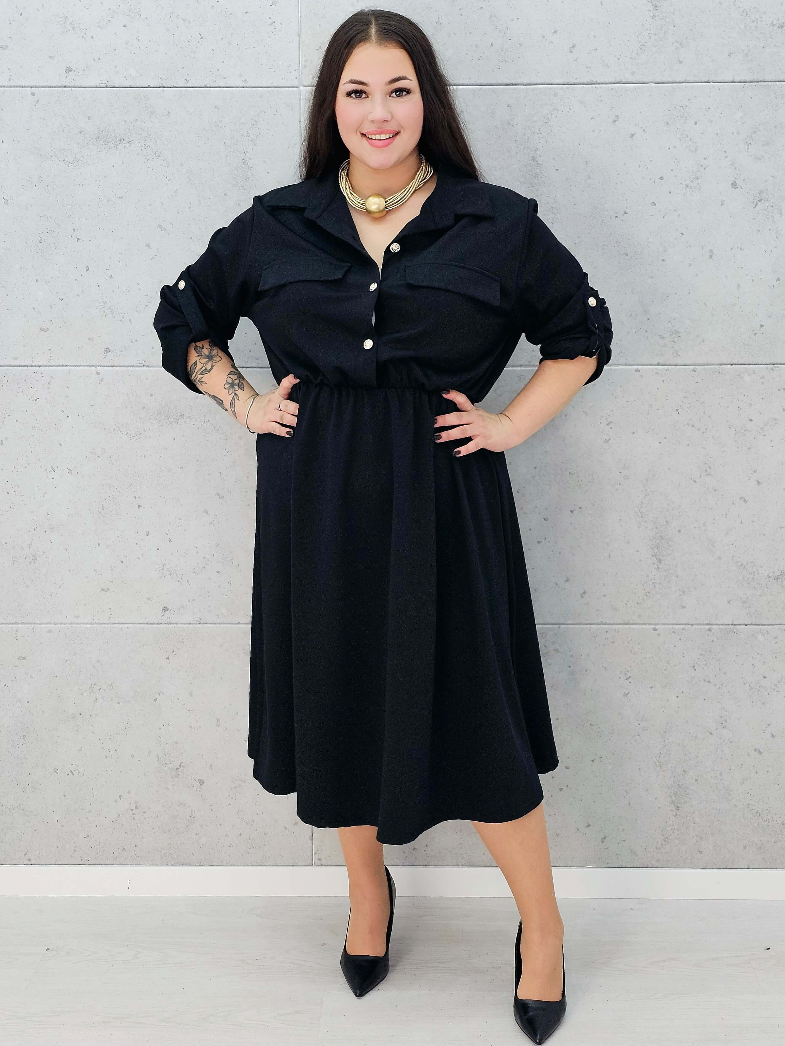 Sukienka koszulowa midi czarna plus size z kieszeniami – Stylowa XL w całości