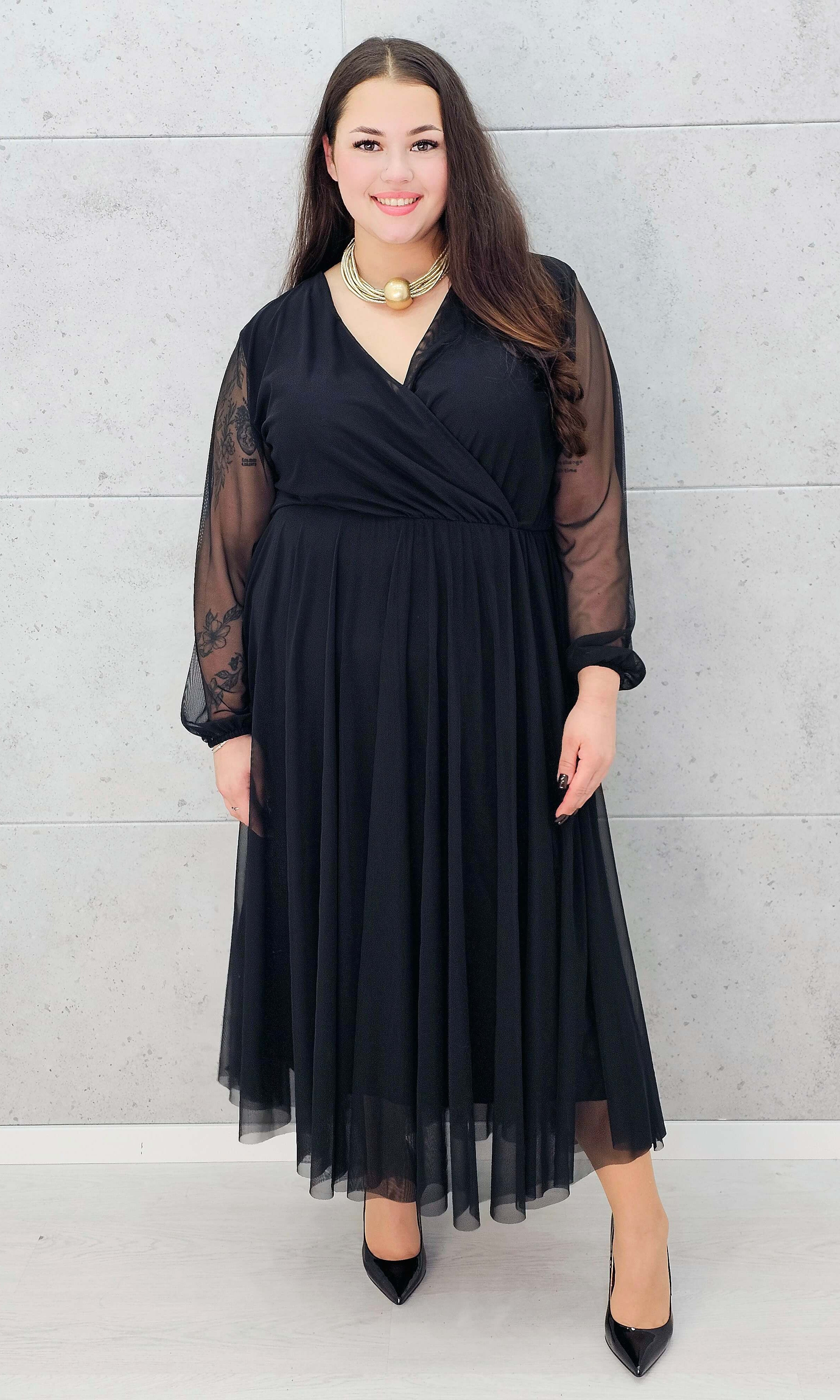 Sukienka maxi z kopertowym dekoltem i tiulowymi rękawami – Stylowa XL