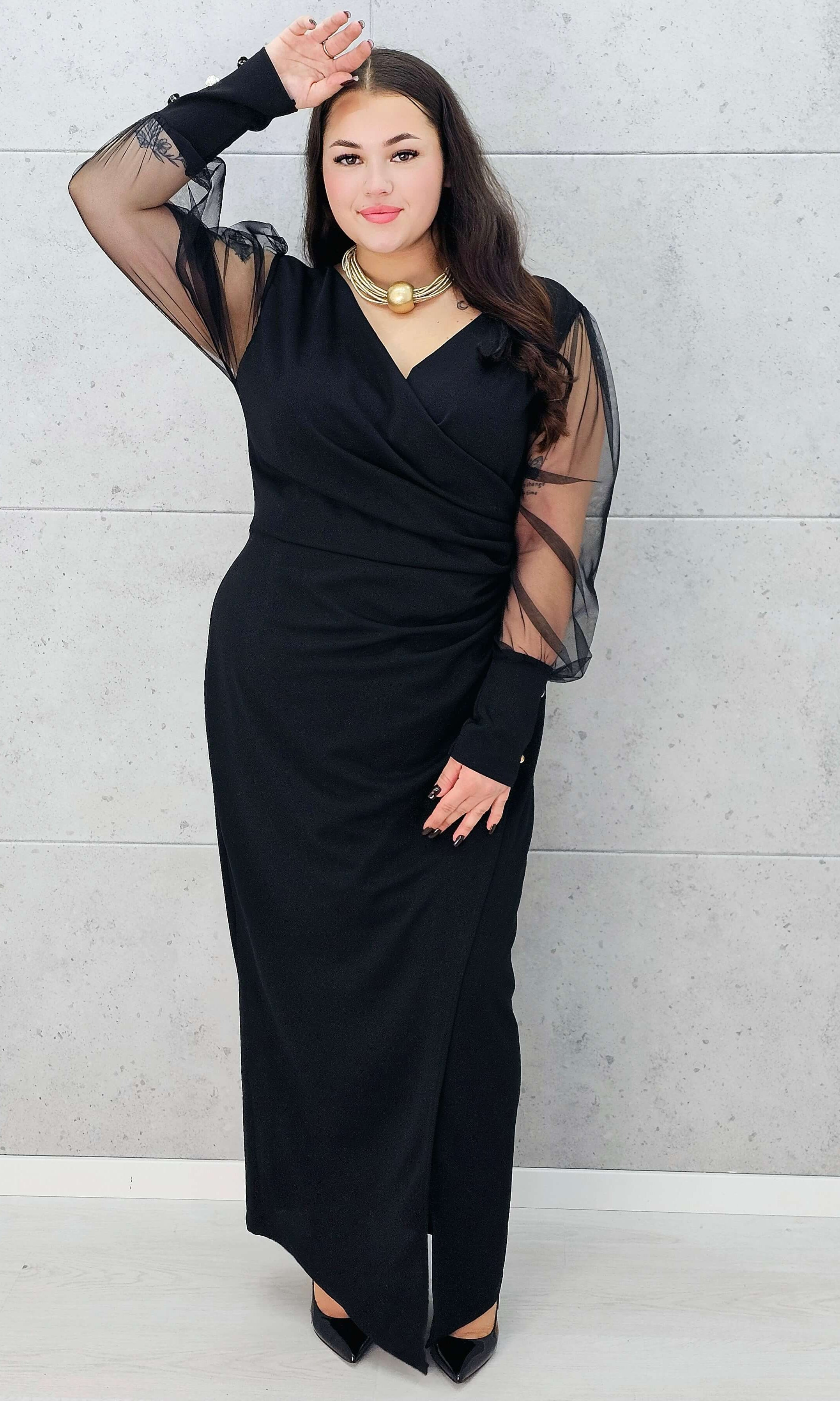 Sukienka maxi z kopertowym dekoltem i tiulowymi rękawami – Stylowa XL