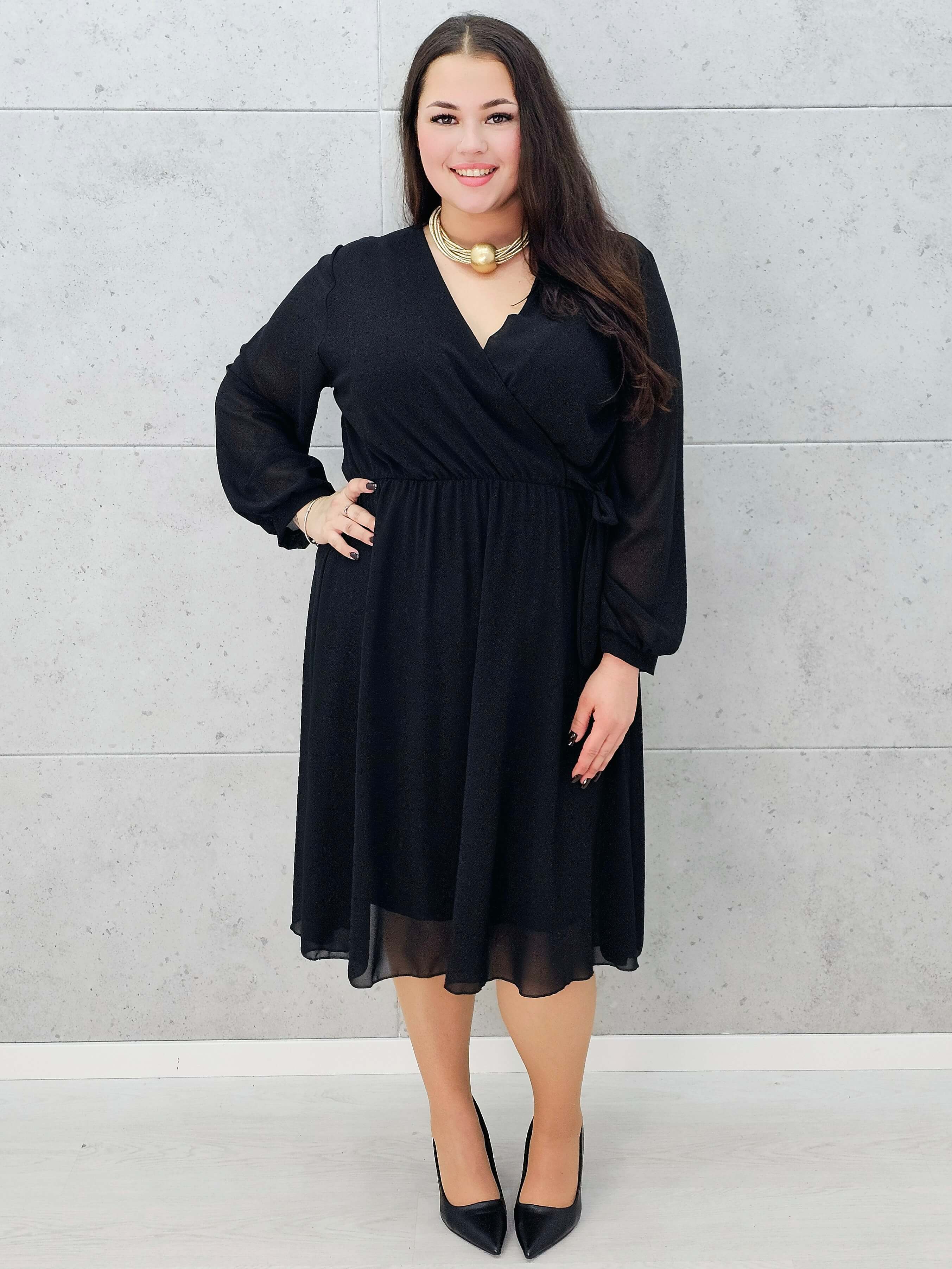 Elegancka szyfonowa sukienka plus size midi z kopertowym dekoltem Stylowa XL