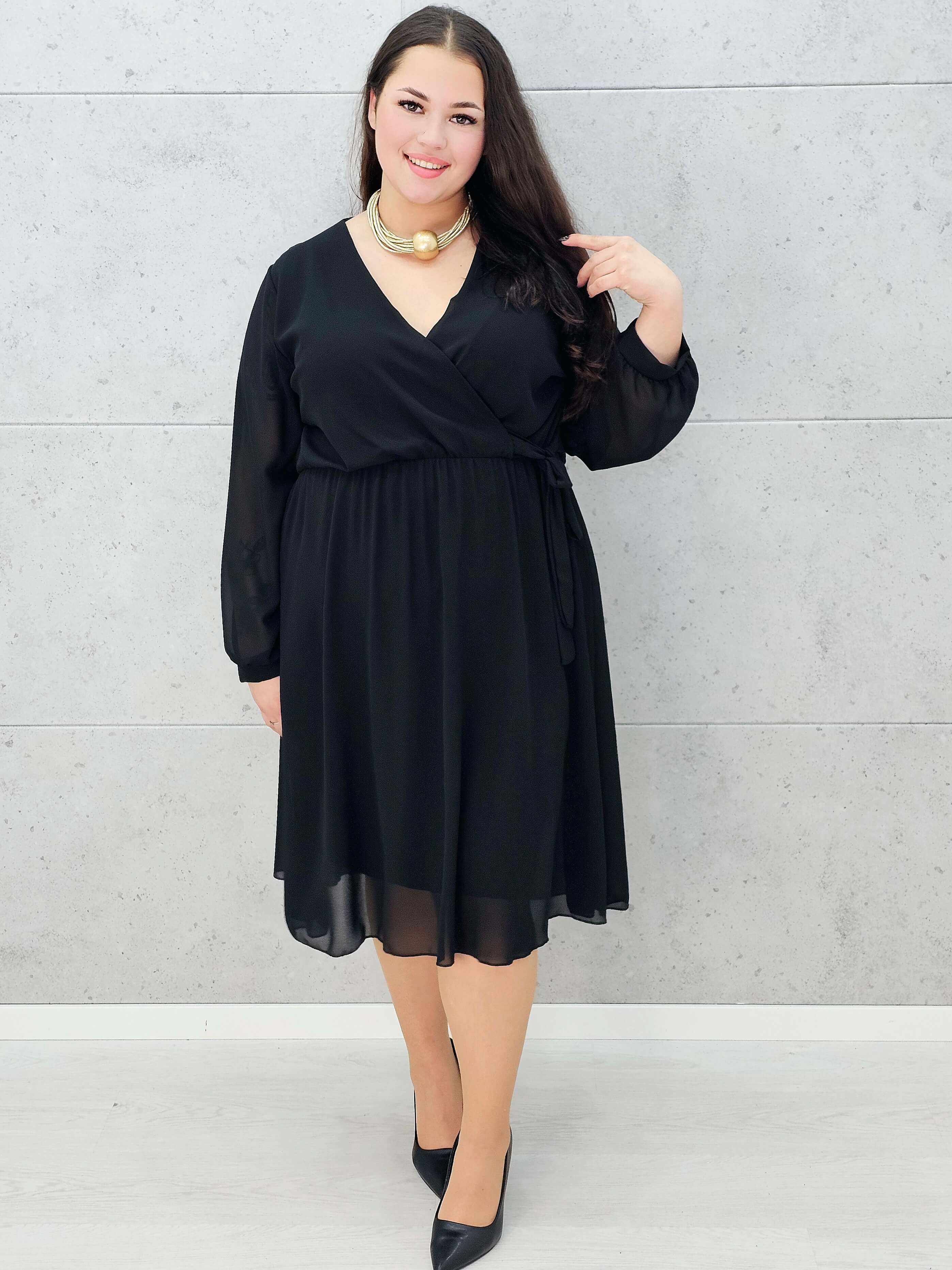 Elegancka szyfonowa sukienka plus size midi z kopertowym dekoltem Stylowa XL