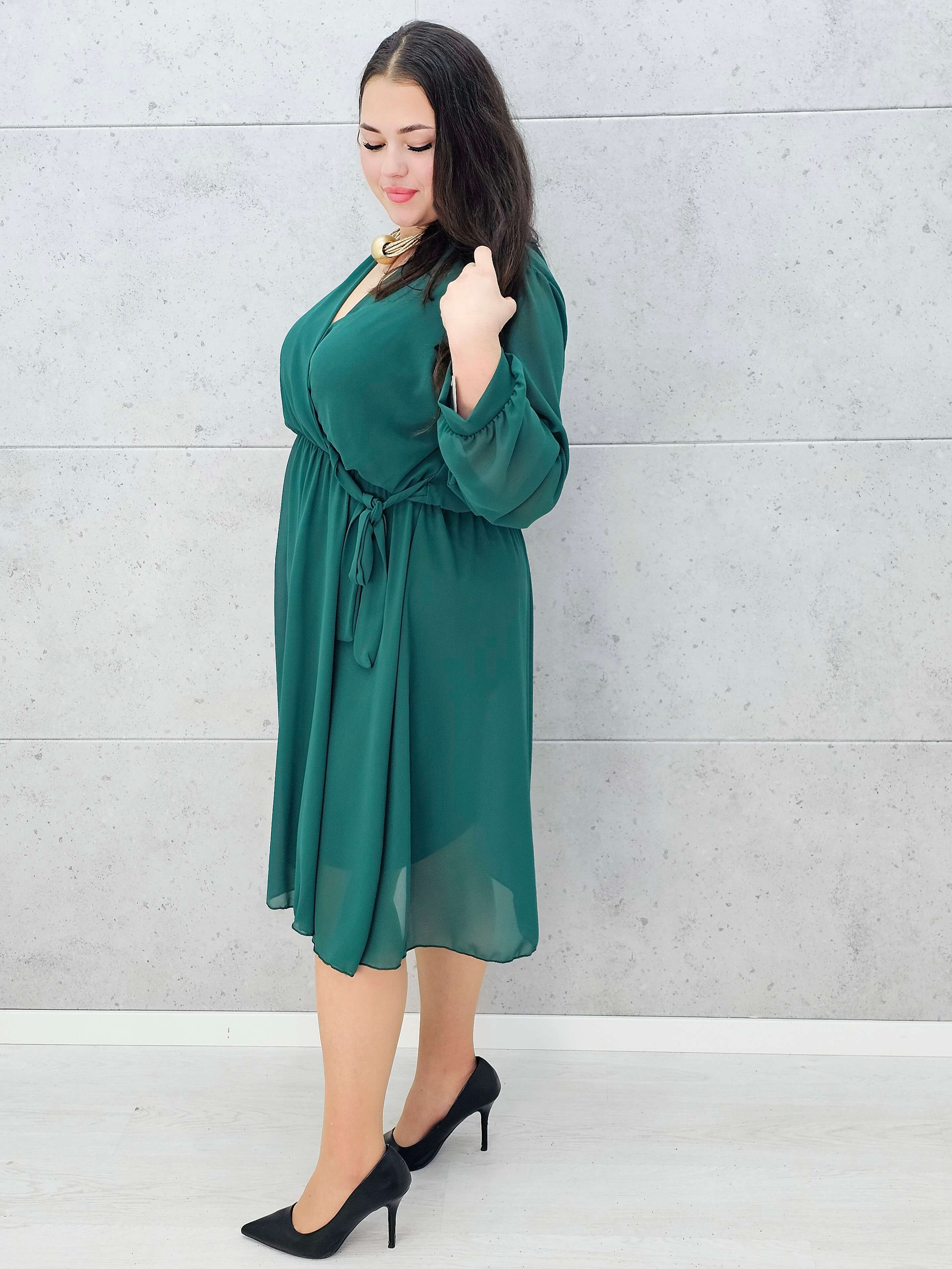 Elegancka szyfonowa sukienka plus size midi z kopertowym dekoltem Stylowa XL