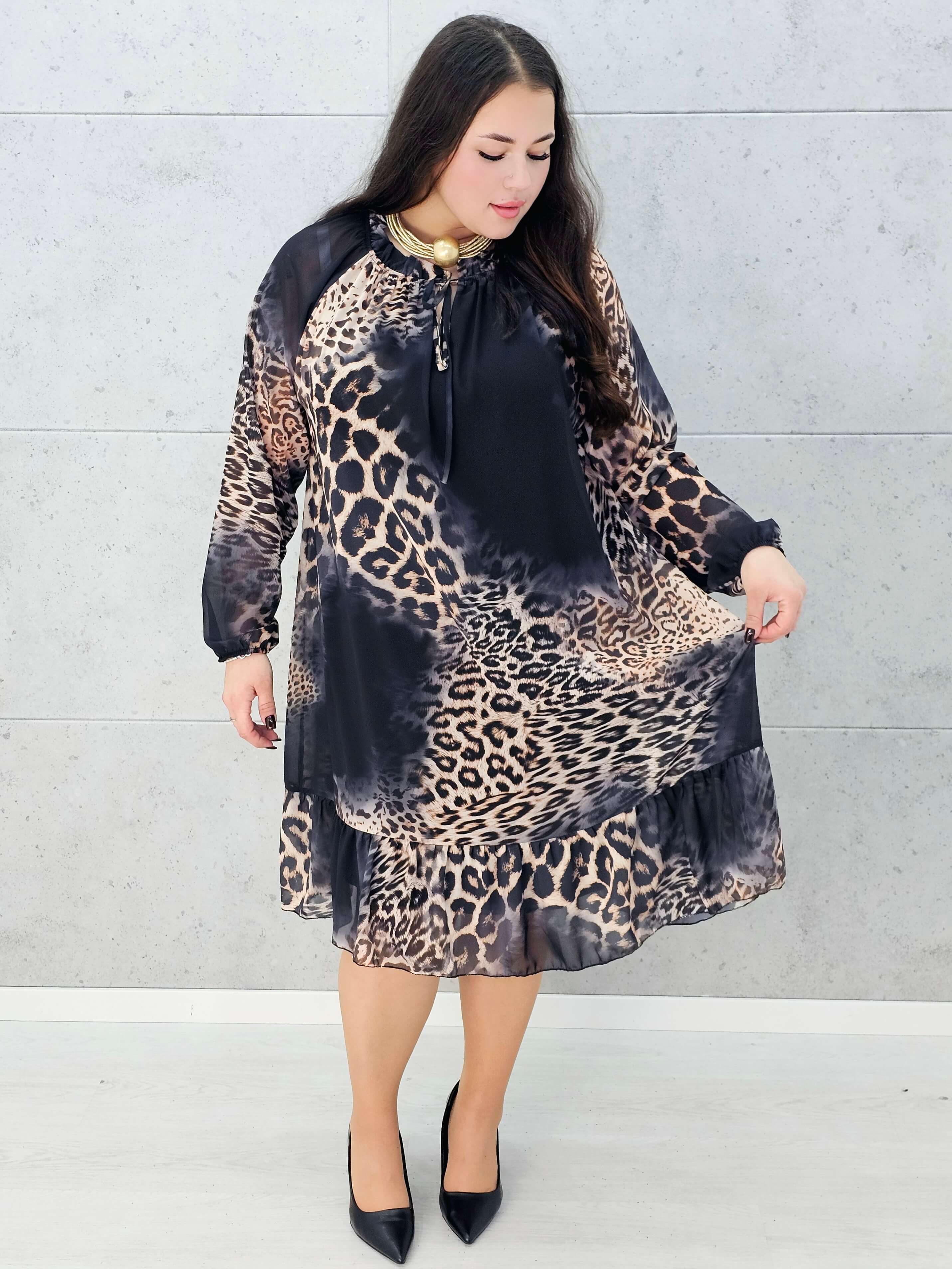 Sukienka midi plus size w panterkę z falbaną – Stylowa XL