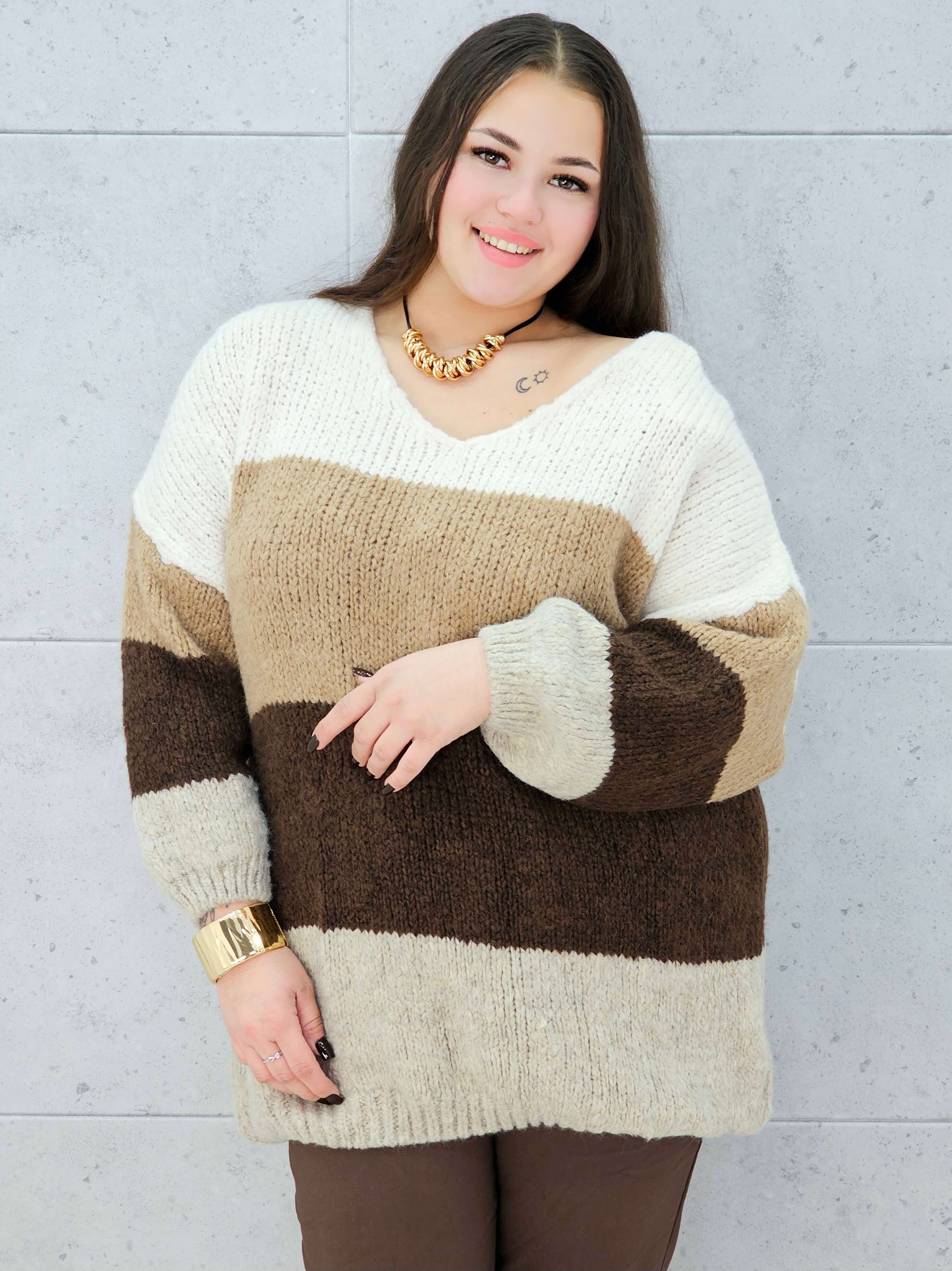 sweter w pasy beżowo-brązowy plus size Stylowa XL – paski
