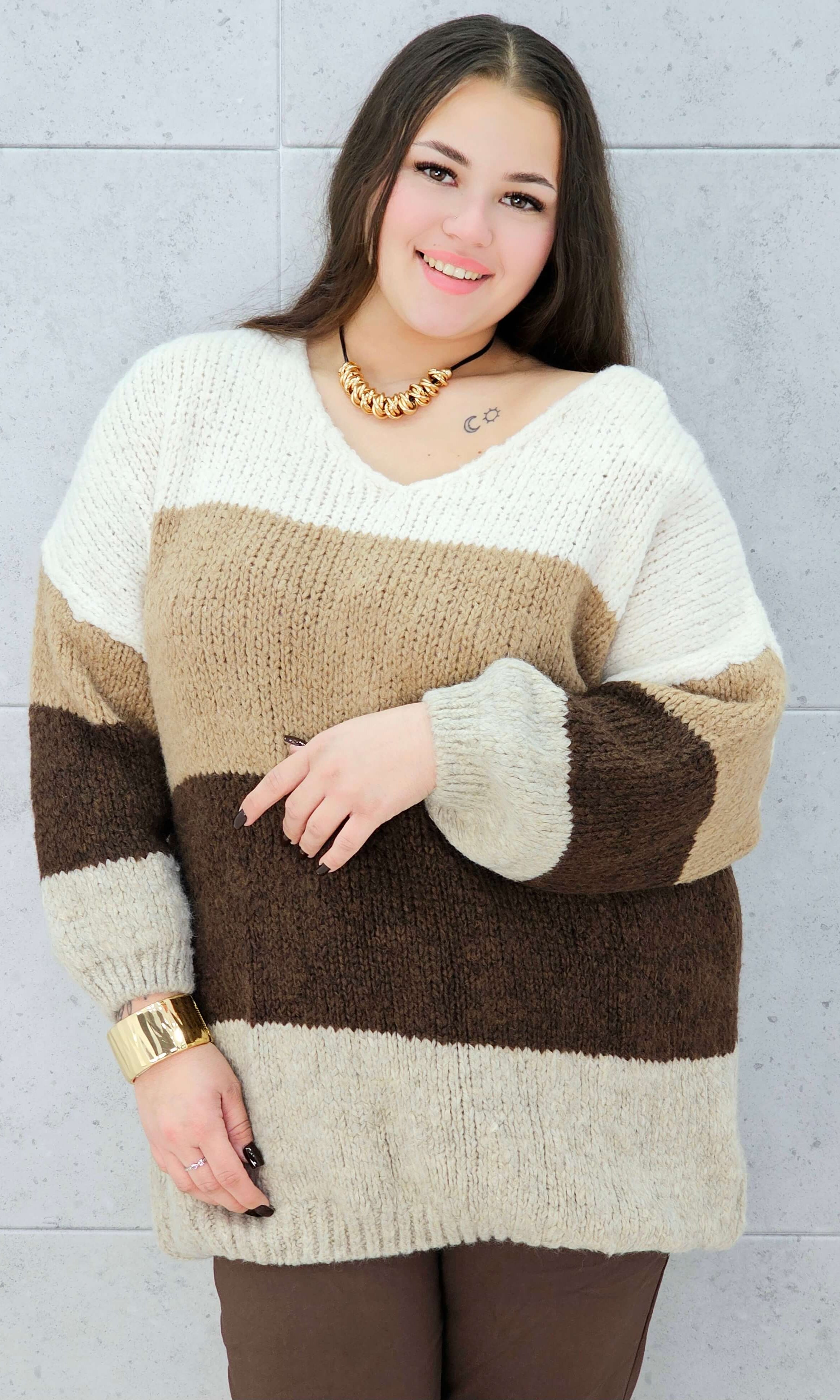 sweter w pasy beżowo-brązowy plus size Stylowa XL – paski