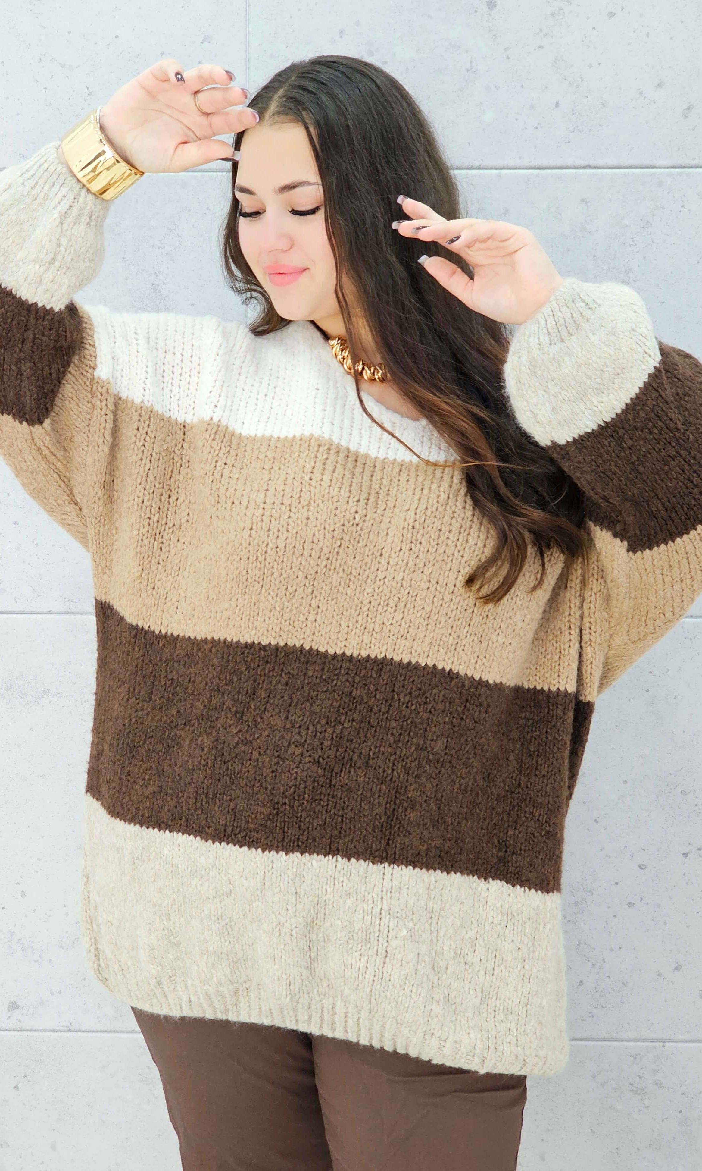 sweter w pasy beżowo-brązowy plus size Stylowa XL – przód