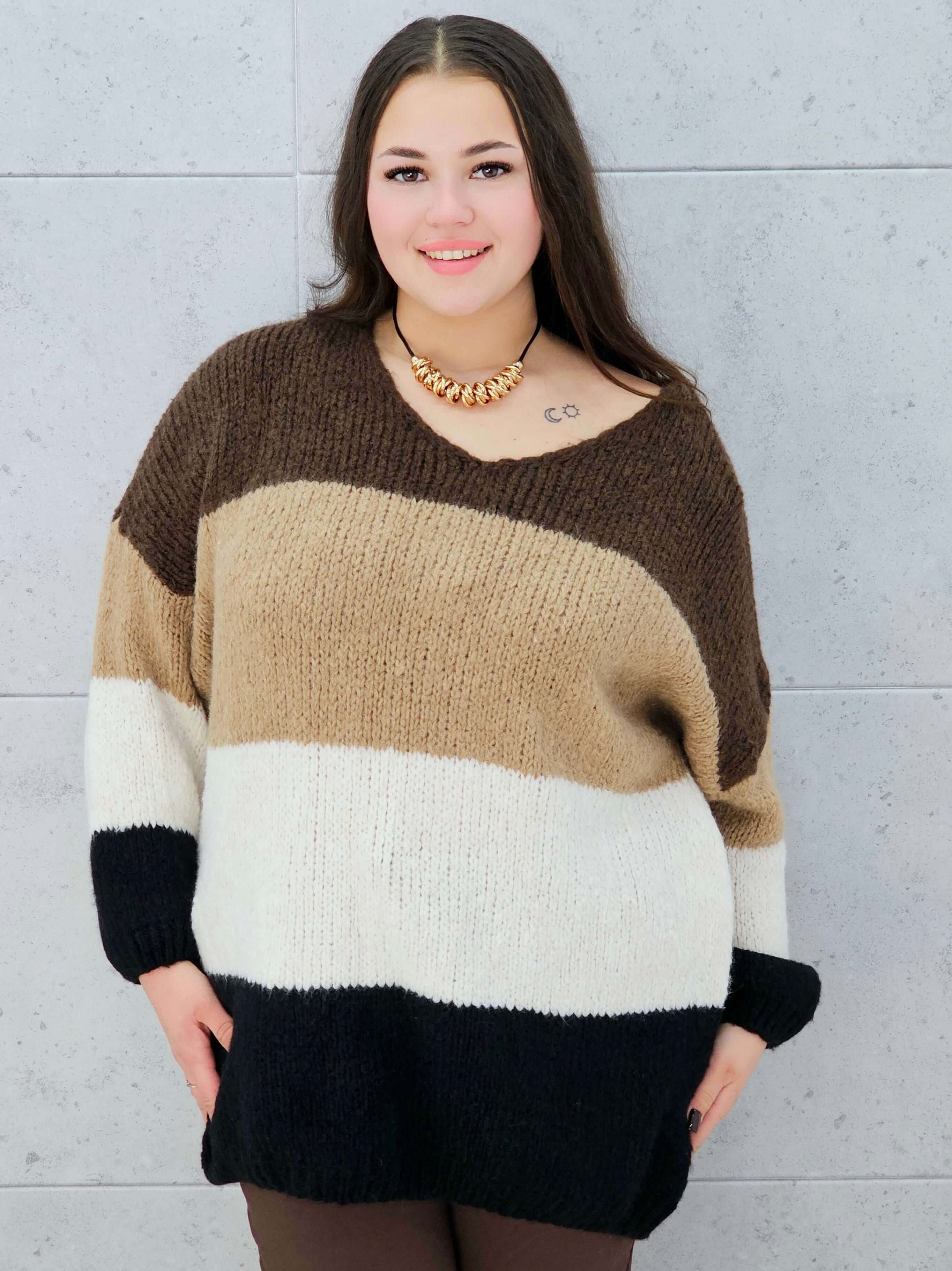sweter w pasy czarno-beżowy plus size Stylowa XL – xxxl