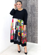 Sukienka midi z czarną górą i artystycznym kolorowym printem – energia i styl Stylowa XL