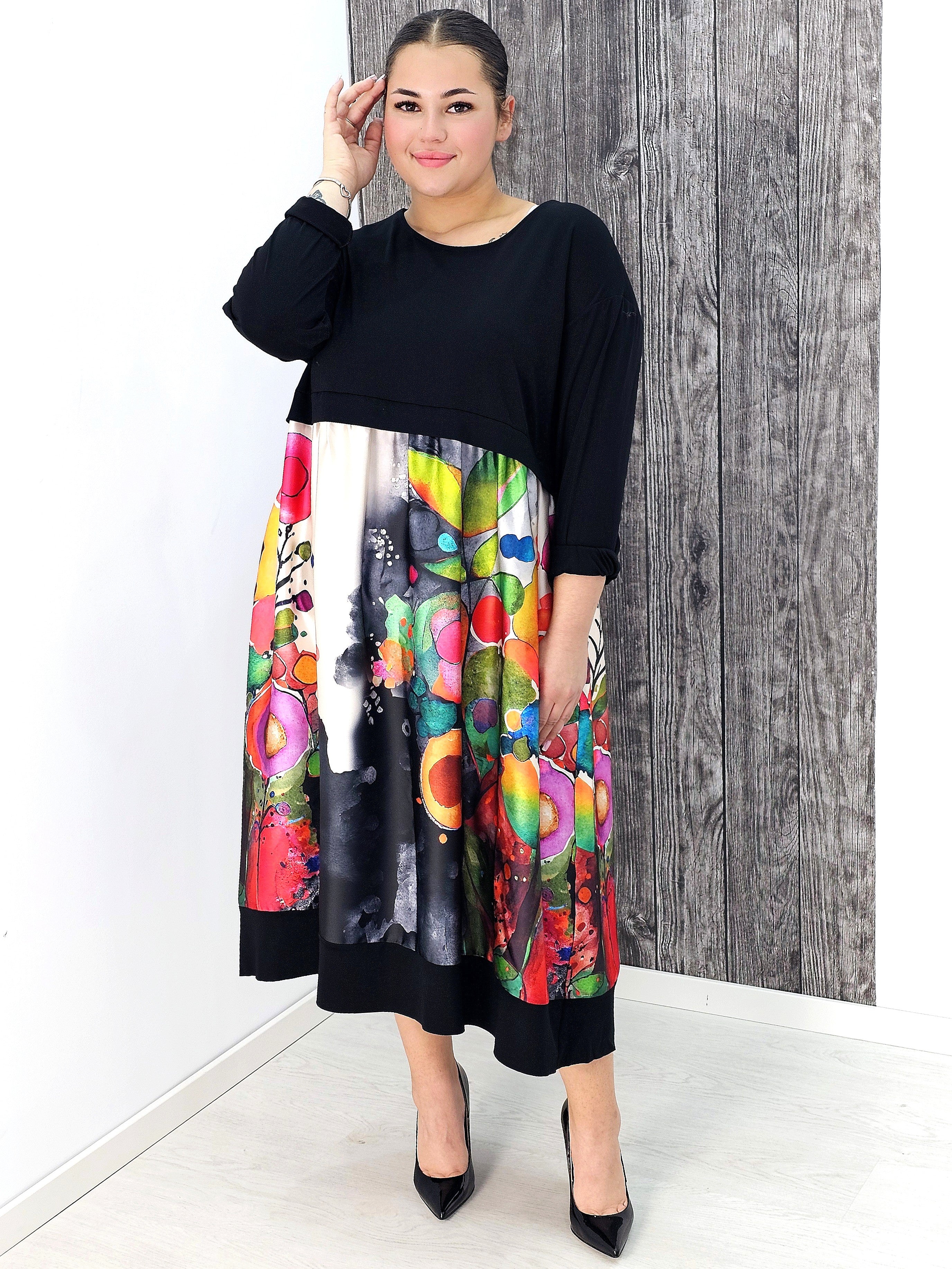Sukienka midi z czarną górą i artystycznym kolorowym printem – energia i styl Stylowa XL