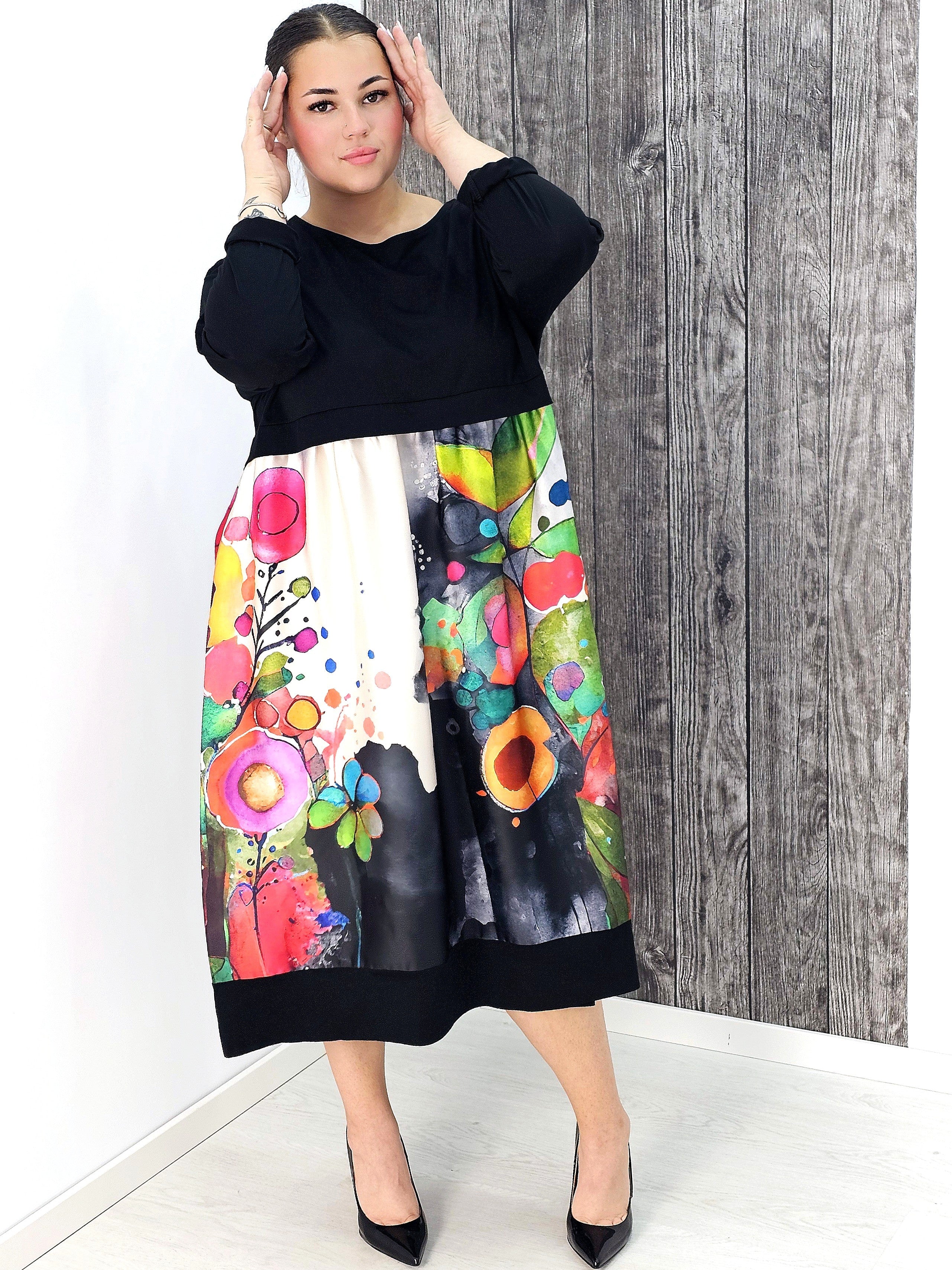 Sukienka midi z czarną górą i artystycznym kolorowym printem – energia i styl Stylowa XL