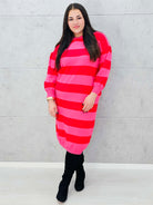 Sukienka w różowo-czerwone pasy – sportowa sukienka plus size z długim rękawem Stylowa XL