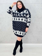 Sukienka swetrowa z golfem – zimowa sukienka plus size w renifery i śnieżynki Stylowa XL