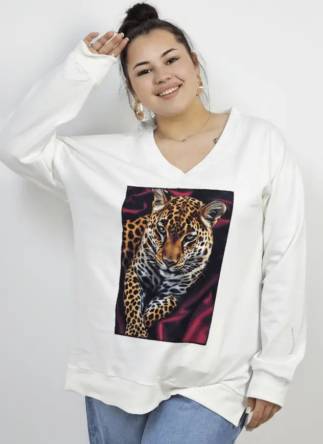 Bluza plus size dresowa z dekoltem V i nadrukiem pantery Stylowa XL