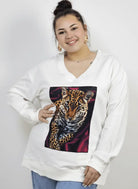 Bluza plus size dresowa z dekoltem V i nadrukiem pantery Stylowa XL