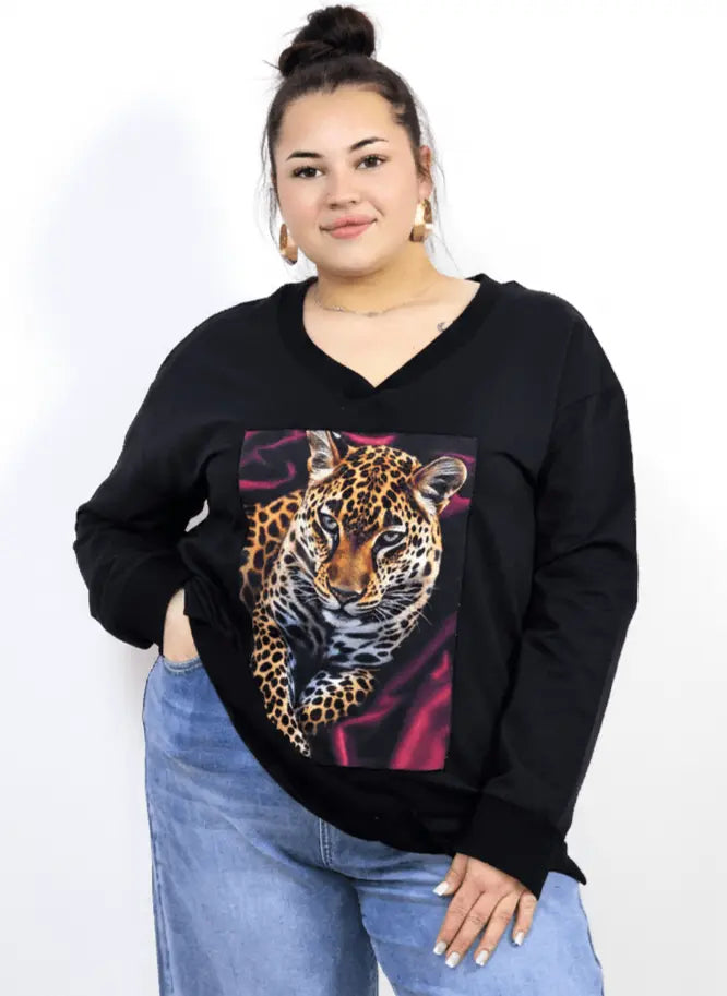 Bluza plus size dresowa z dekoltem V i nadrukiem pantery Stylowa XL