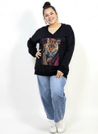 Bluza plus size dresowa z dekoltem V i nadrukiem pantery Stylowa XL