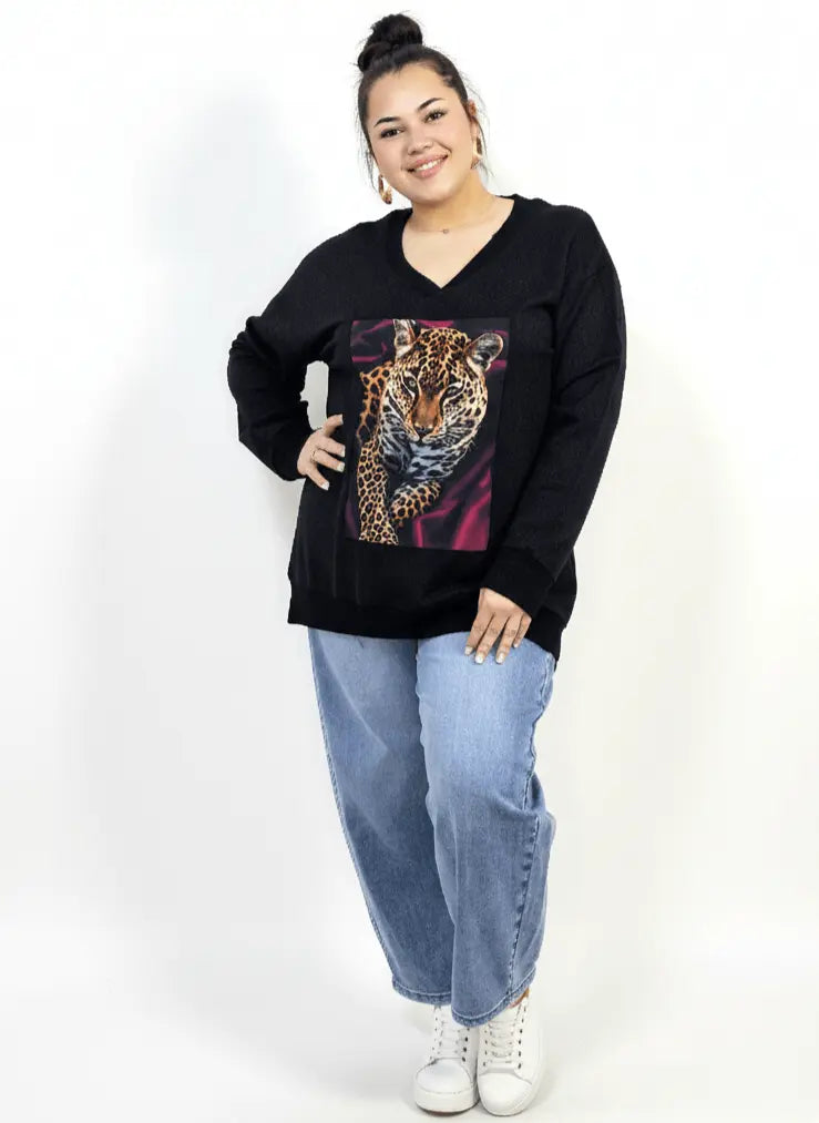 Bluza plus size dresowa z dekoltem V i nadrukiem pantery Stylowa XL