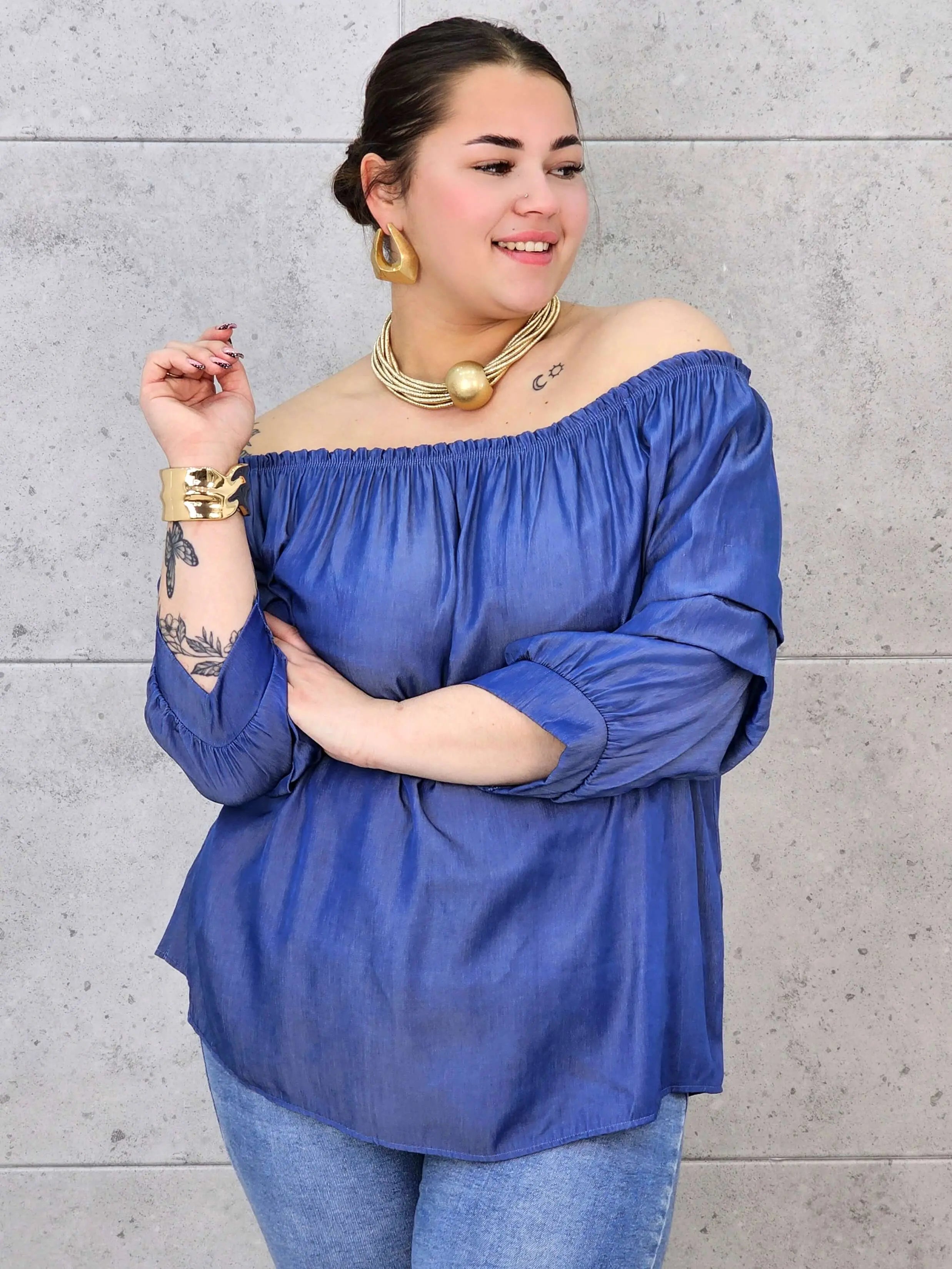 Bluzka Jeansowa Hiszpanka Plus Size – Luźny Krój, Rękaw 3/4, Wygoda XXL Stylowa XL